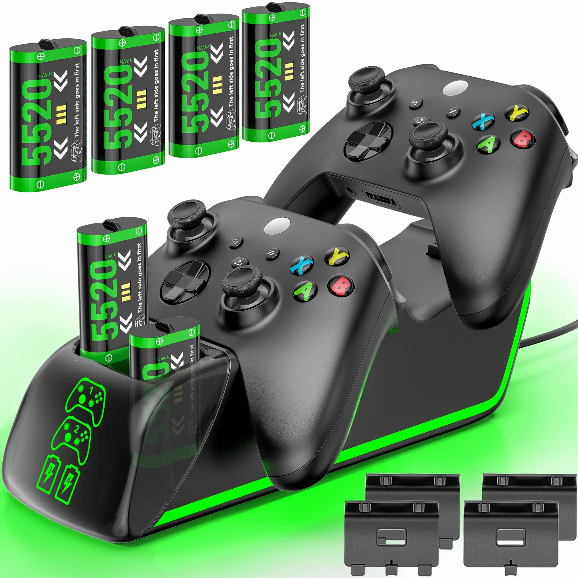 Base de Carga Mando Xbox con 4x5520mAh Batería Recargable, Cargador Mando Xbox One S|X/Elite, 9 RGB Cargador para Bateria Mandos X Box, Kit de Carga X Box Pilas