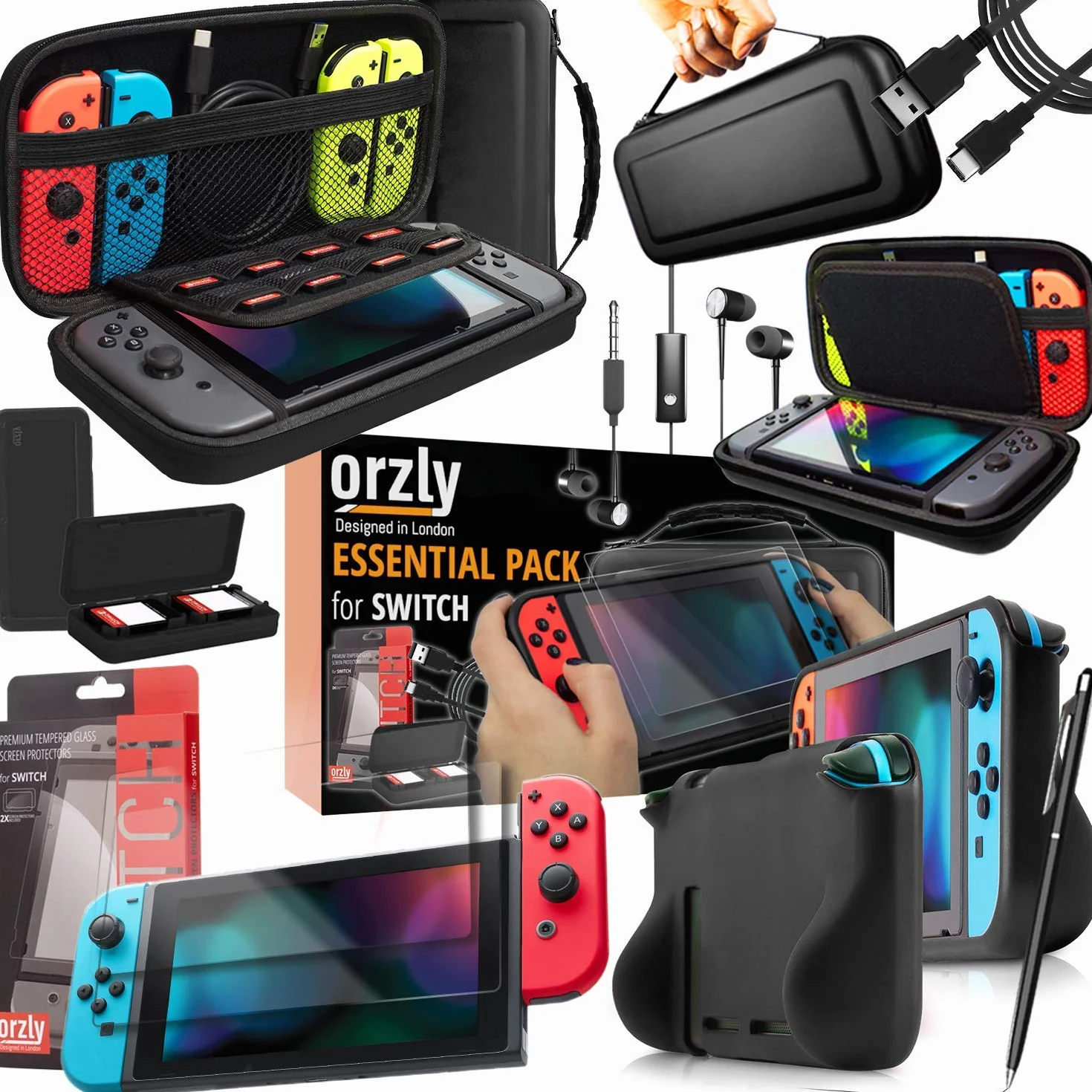 Orzly PACK ESENCIAL de Accesorios para Nintendo Switch [Incluye: Protectores de Pantalla, Cable USB, Funda para Consola, Estuche Tarjetas de Juego, Funda Comfort Grip, Auriculares] – NEGRO
