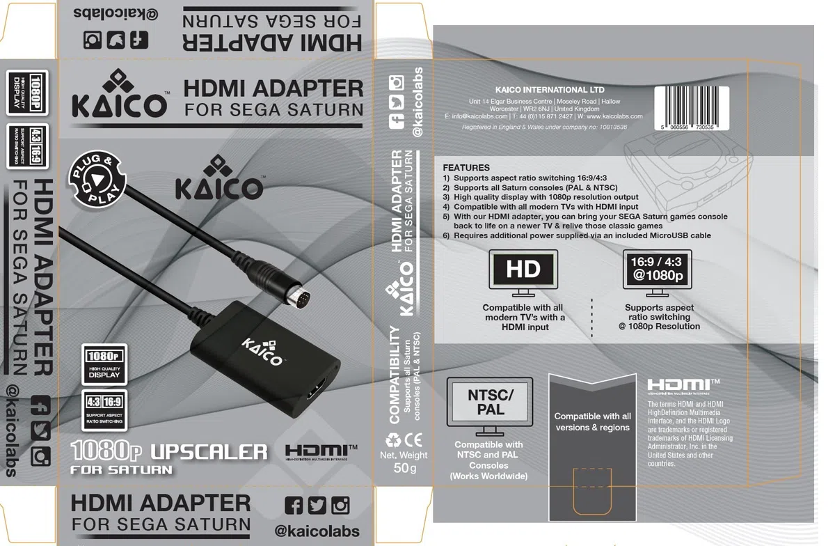 Kaico Adaptador HDMI Sega Saturn 1080p - para Uso con Sega Saturn - Soporta Salida de Video S - Soporta Consolas PAL y NTSC - Interruptor de relación de Aspecto para 16:9 o 4:3