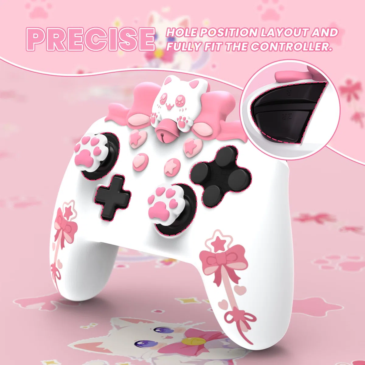 PlayVital Funda de Silicona para Nintendo Switch Pro - Carcasa Protectora Antideslizante con Tapas de Joysticks y Pegatinas Decorativas, Diseño Sweetheart Kitty (Blanco)