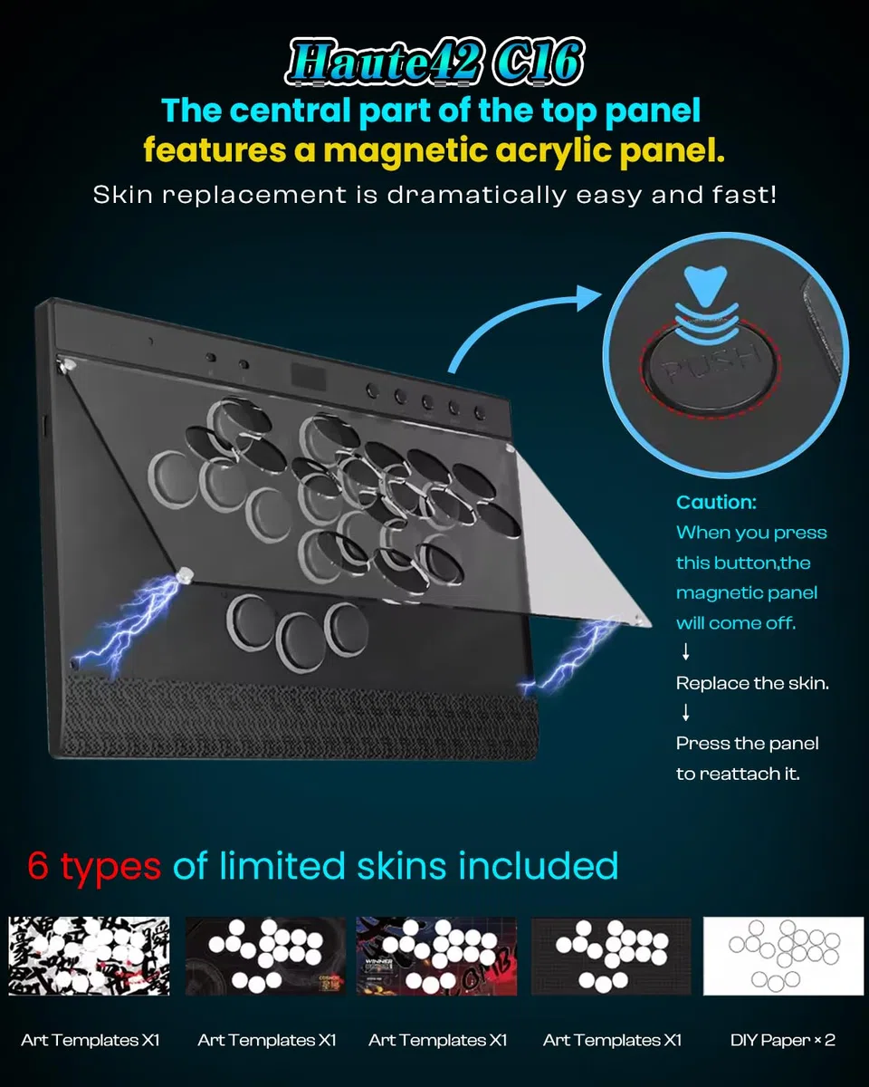 Sehawei Haute42 C16 Leverless Arcade Controller - Magnetic Detachable Panel para DIY Art, RGB Button Rims, Tournament Lock Switch - Compatible con Switch 2/Switch/PC/PS3/PS4/Steam