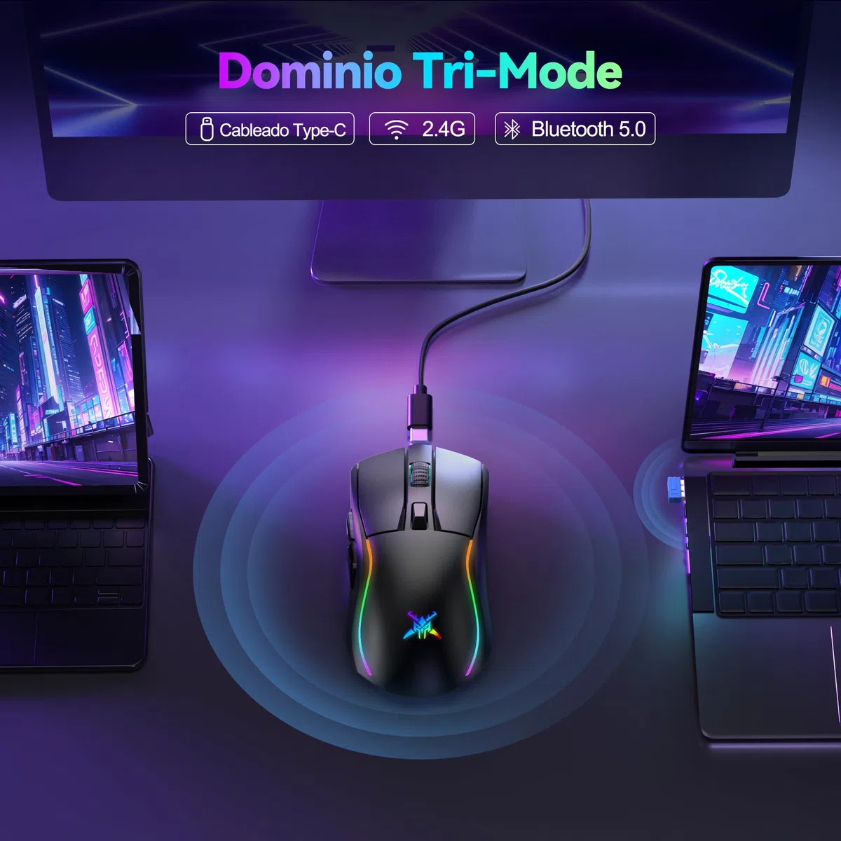 TECKNET Ratón Gaming Inalámbrico 24000 dpi, Conexión Bluetooth / 2.4G / USB-C, Recargable, 1000 Hz Tasa de Sondeo, 6 Botones Programables y Luces RGB Personalizables, Ergonómico para PC/Mac