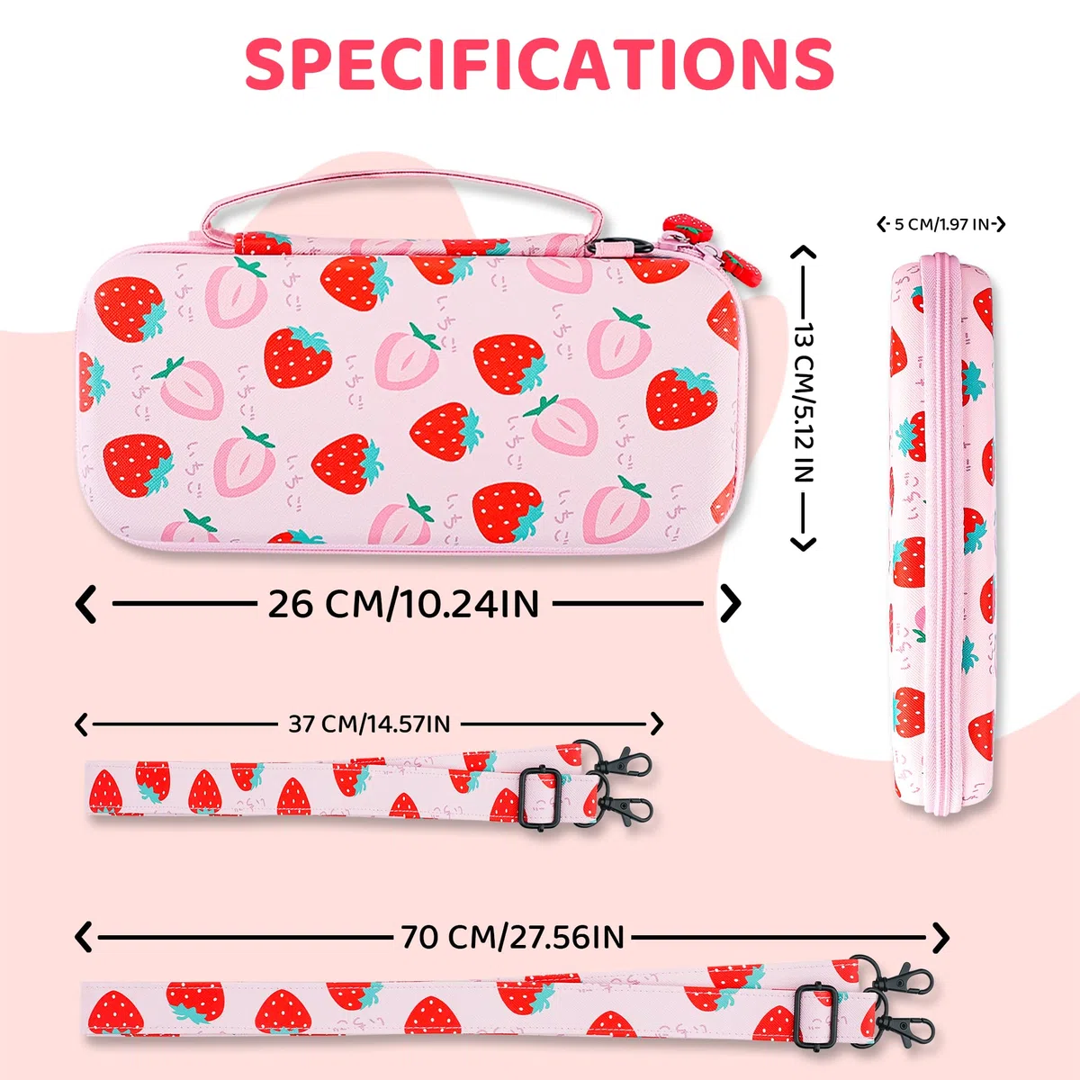 FANPL Funda de Transporte para Nintendo Switch y Switch OLED, Paquete de Funda de Viaje Rosa Fresa con Correa de Hombro Ajustable, agarres para el Pulgar, Funda Protectora rígida antiarañazos, Pink