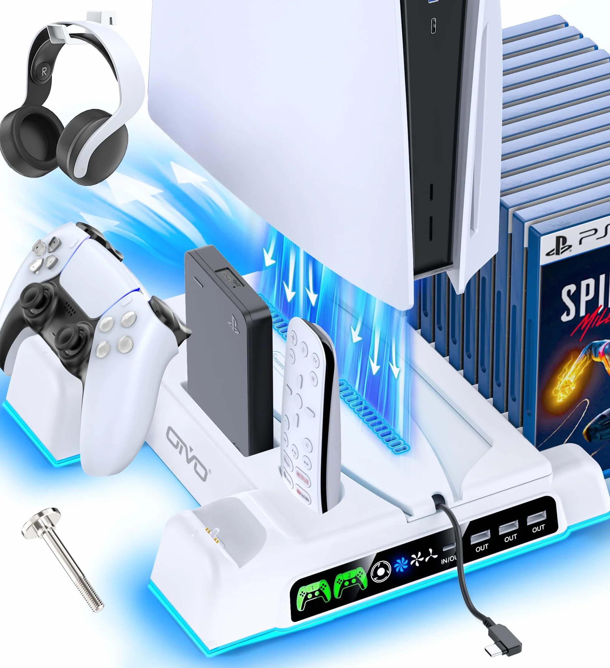 OIVO Soporte para PS5/PS5 Slim/PS5 Pro con Ventilador de 3 Velocidades, Cargador para Mando PS5, Soporte PS5 Vertical con 3 Puertos USB y Ranuras de 14 Juegos, Almacenamiento para PS5