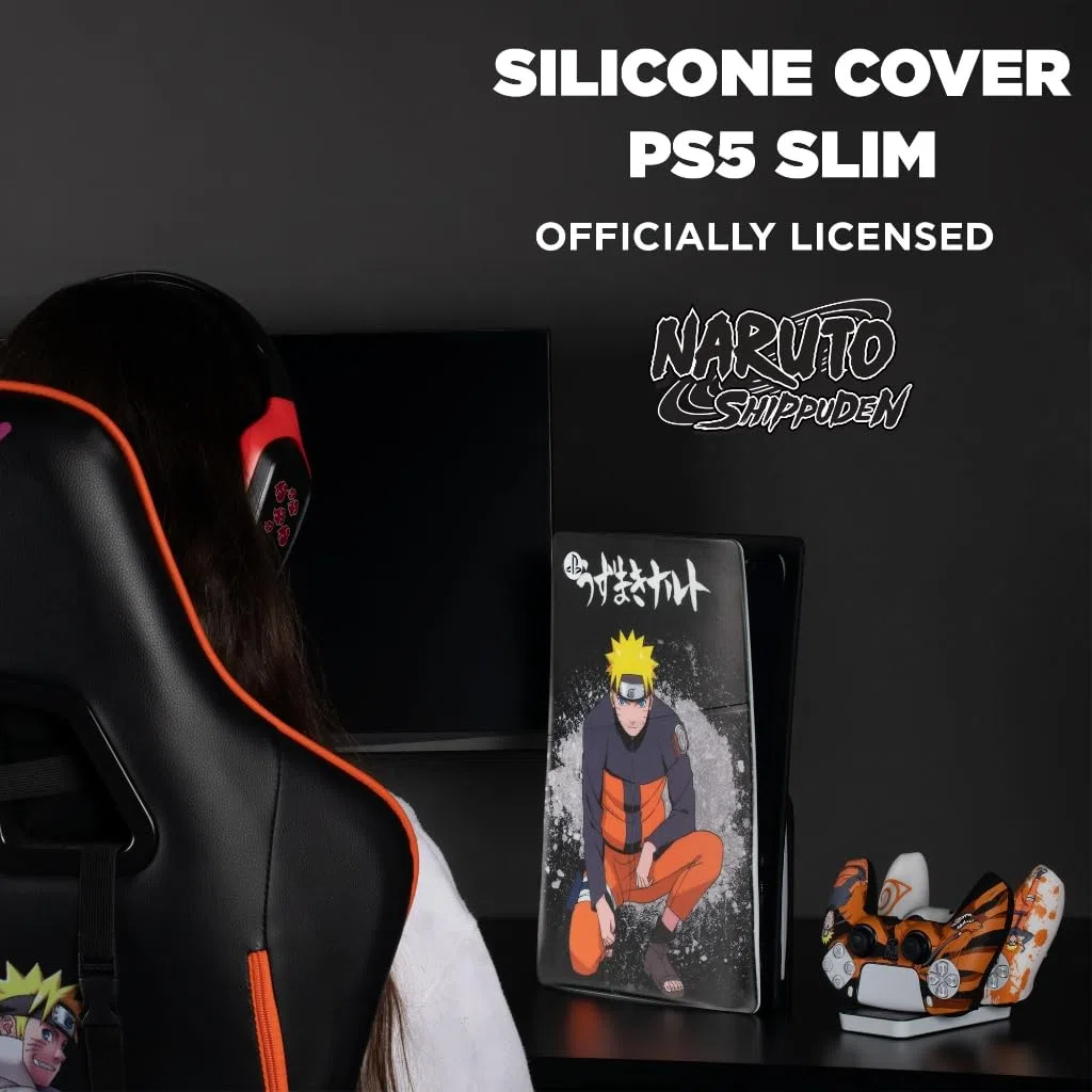 Konix Naruto Shippuden Carcasa Protectora para Consola PS5 Slim - Silicona - Antigolpes - Antirayaduras - Motivo Naruto - Negro