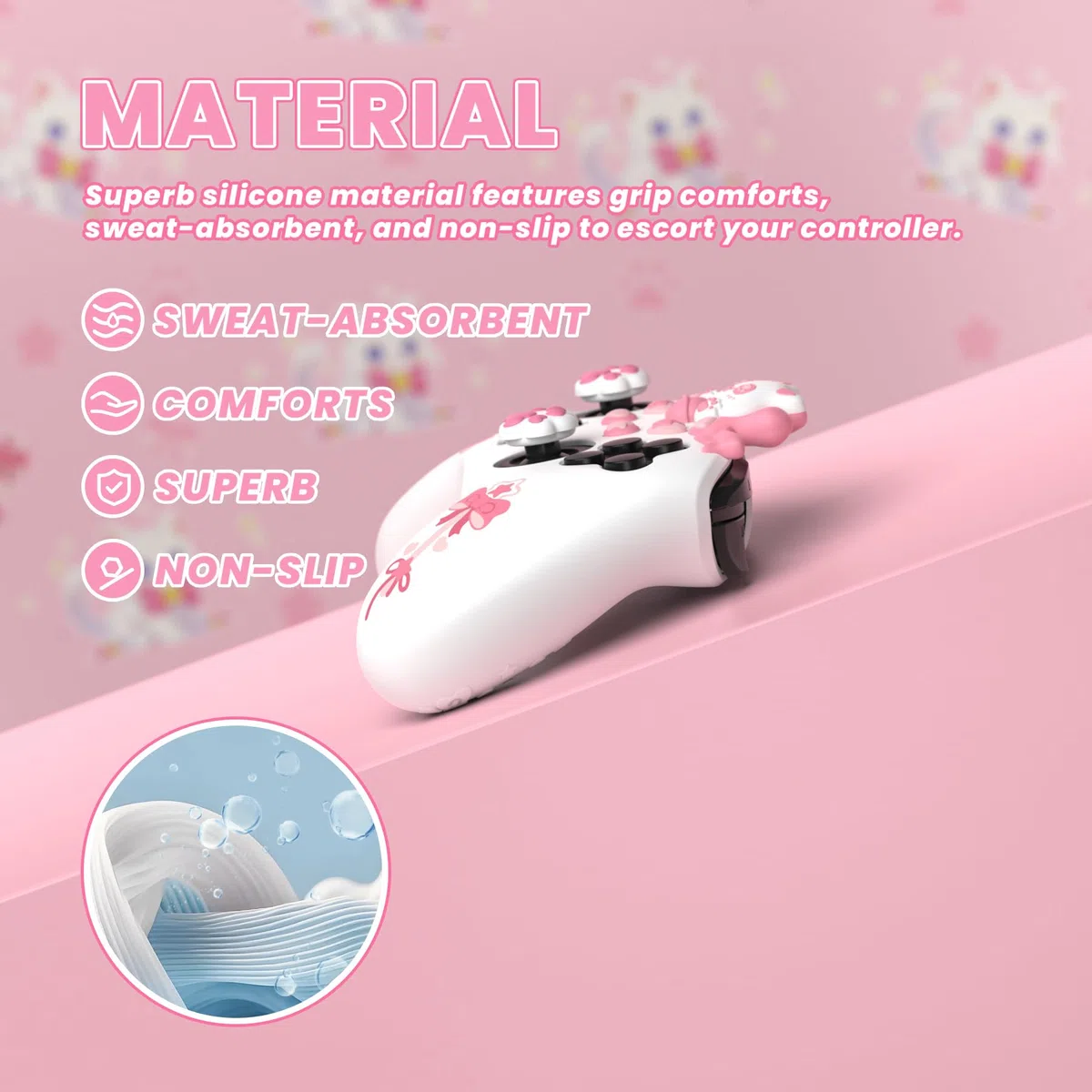 PlayVital Funda de Silicona para Nintendo Switch Pro - Carcasa Protectora Antideslizante con Tapas de Joysticks y Pegatinas Decorativas, Diseño Sweetheart Kitty (Blanco)