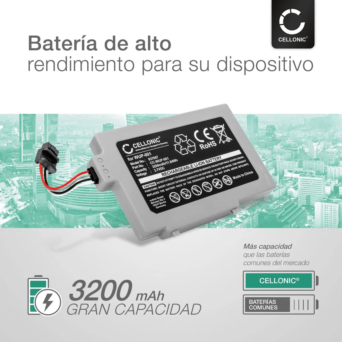 CELLONIC 1x Batería para Videoconsola Compatible con Nintendo Wii U Gamepad, WUP-001 - (3200mAh, 3.7V)