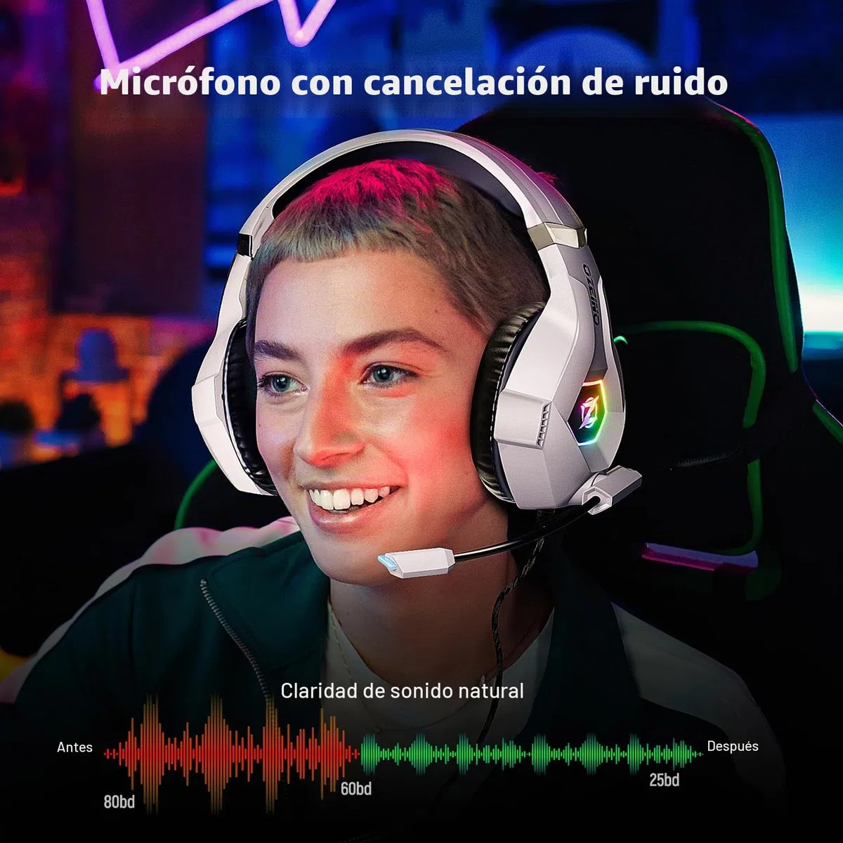 Ozeino Auriculares para juegos PS4 PS5 PC con sonido envolvente 3D con micrófono, auriculares cancelación de ruido, luces RGB para gamers