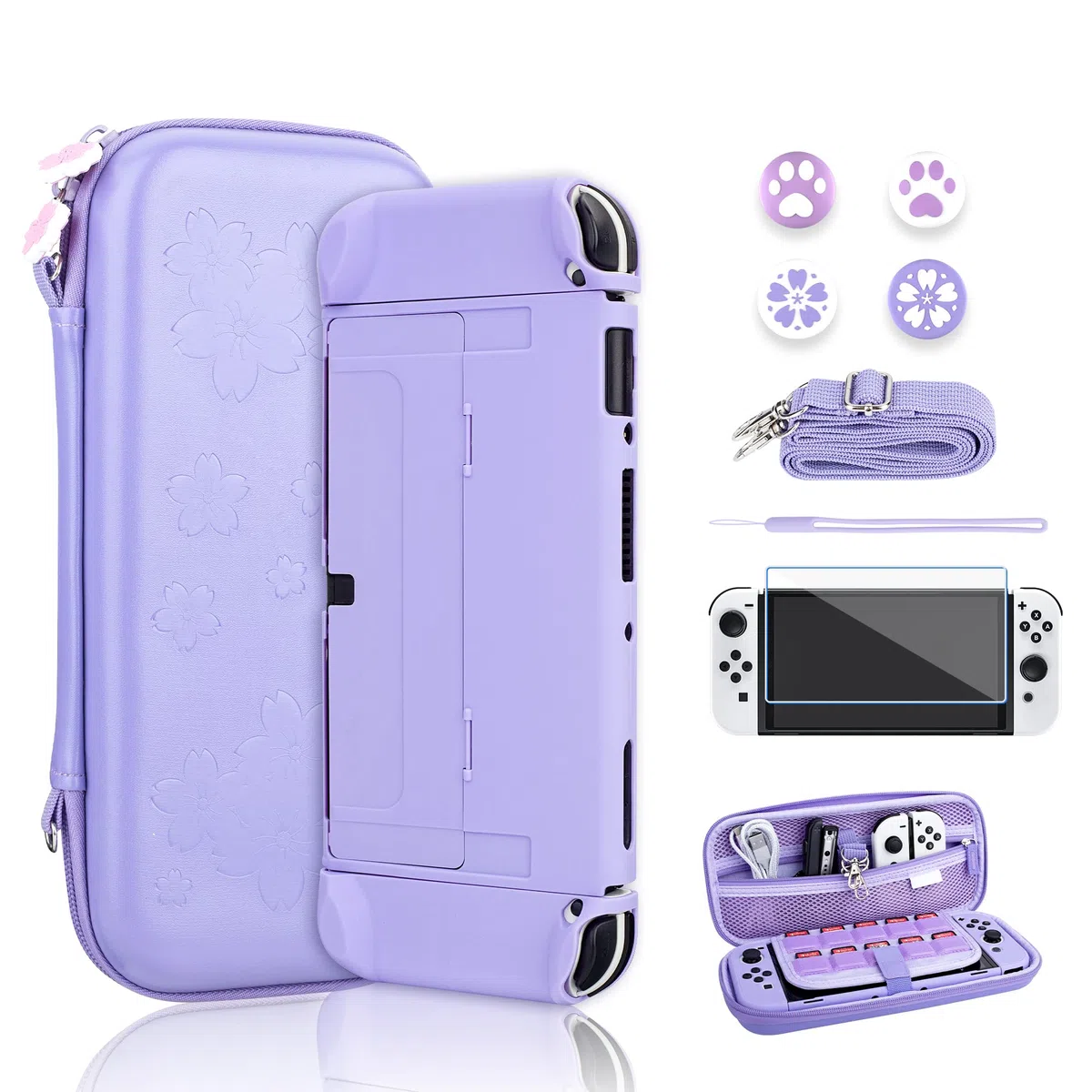 RHOTALL Sakura funda de transporte para Nintendo Switch OLED, accesorios para Switch OLED con funda rígida, protector de pantalla, 4 tapas para el pulgar, correa para el hombro - morado