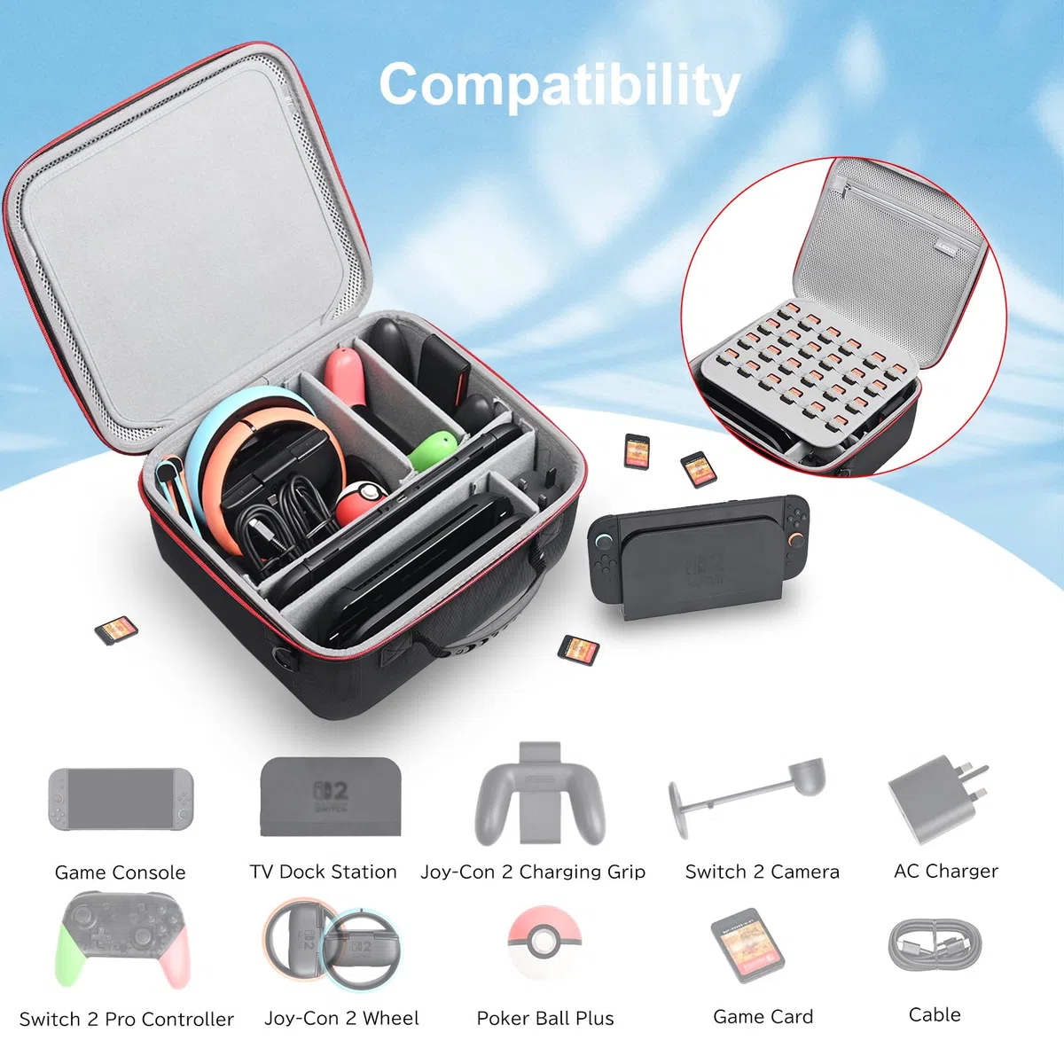 RLSOCO Funda para Nintendo Switch 2-Se Adapta a los Accesorios:Consola Switch 2,Base para TV,Mando Switch 2 Pro,Joy-con 2 Charging Grip,Adaptador,Volante,Cámara,Tarjetas Juego y más(Sólo Funda)