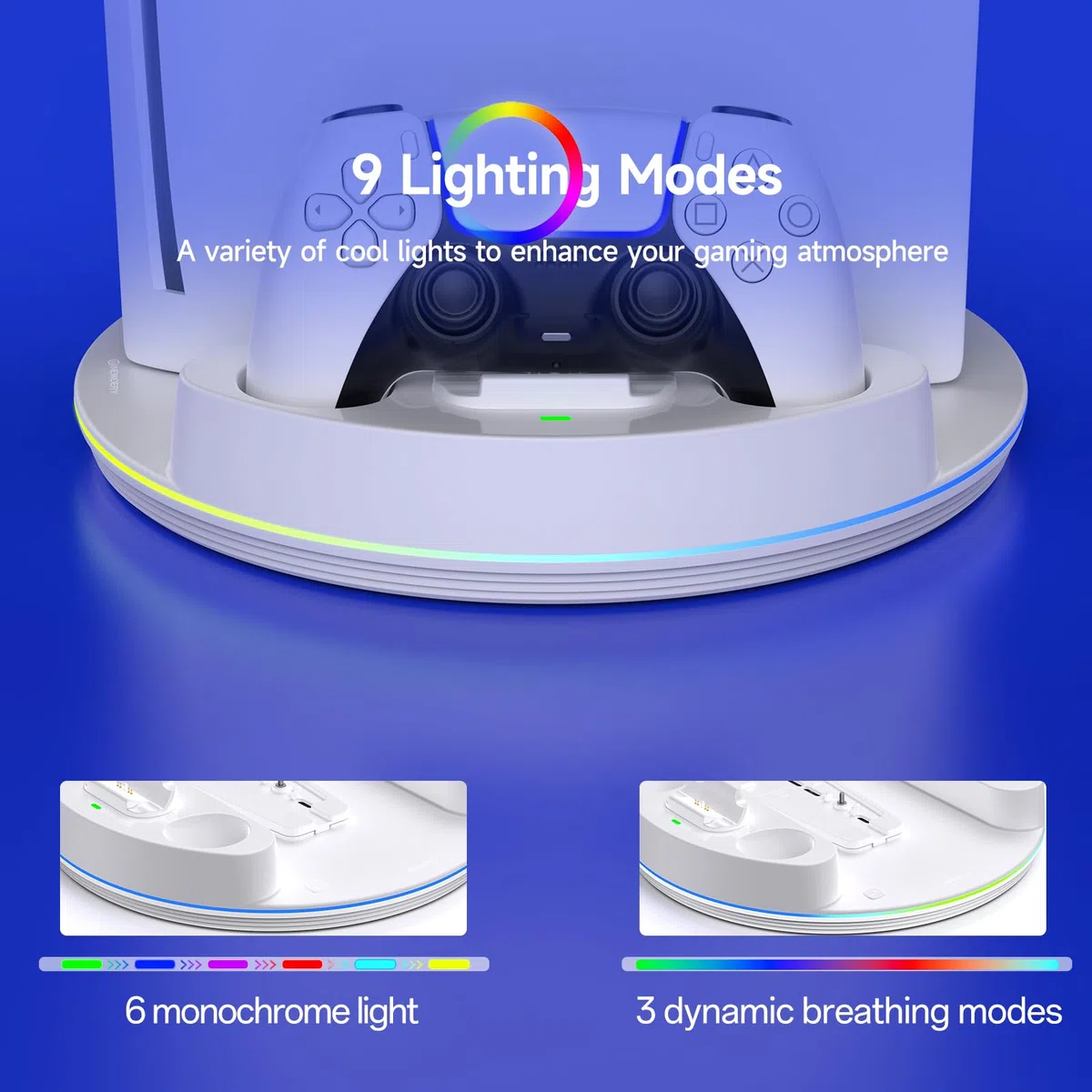 NEWDERY Soporte para PS5/PS5 Slim/PS 5 Pro, estación de Carga de Controlador Dual con luz RGB para PlayStation 5, Soporte Vertical para Consola Digital PlayStation 5/Disco, Color Blanco