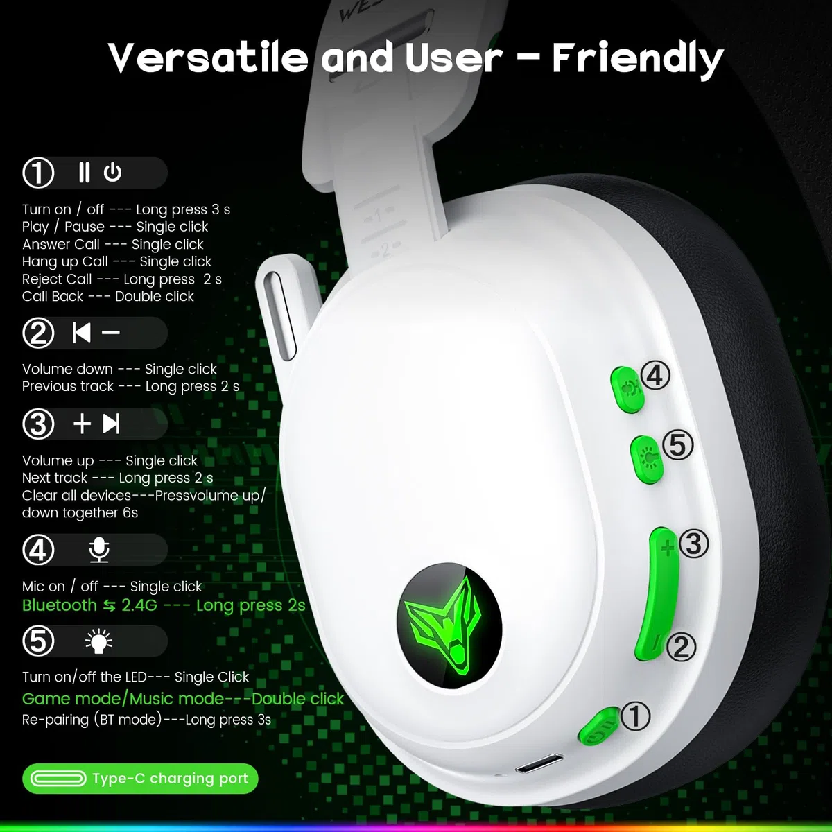 WESEARY WG3 Cascos Gaming Inalambricos, Auriculares Gaming Inalambricos de 2.4G para PS5, PS4, PC, Switch, Sonido Estéreo Auriculares con Microfono, Cascos PS5 con Luz RGB, Duración 50Hr+