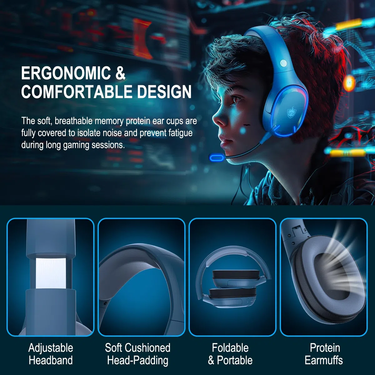 PHOINIKAS Cascos Gaming Inalámbricos para PC/PS5/PS4, Auriculares Gaming Inalámbricos de 2,4GHz USB Wireless+Bluetooth 5.3, Baja Latencia Calidad de Sonido 7.1 sin Pérdidas, 30+ Horas, Luz LED (Azul)