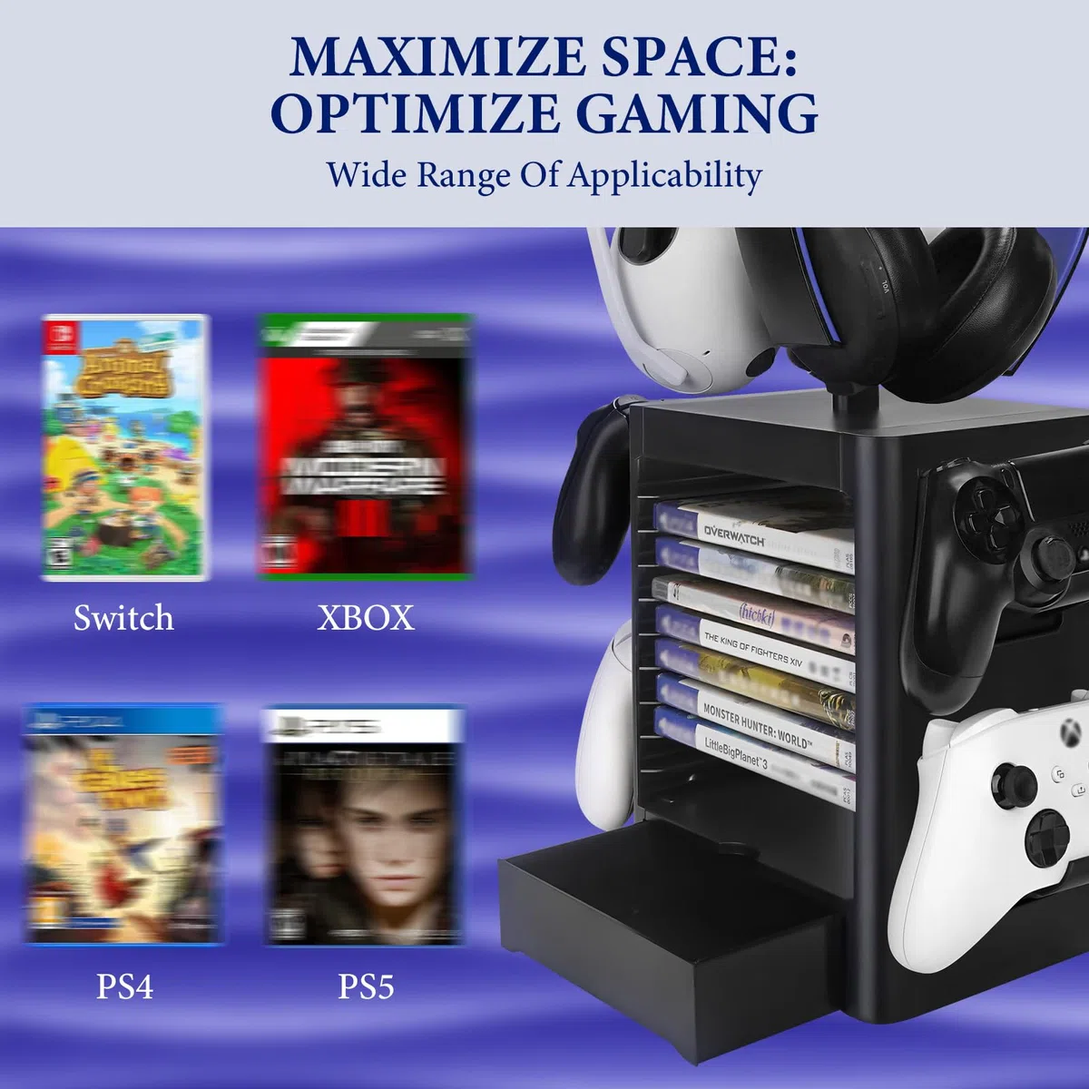 GEEKRIA Soporte de Almacenamiento multifunción para Juegos Compatible con PS5/PS4/XBOX Series X/Xbox One/Nintendo Switch, Estante para Discos de Juegos y Soporte para Controlador/Auriculares (Negro)