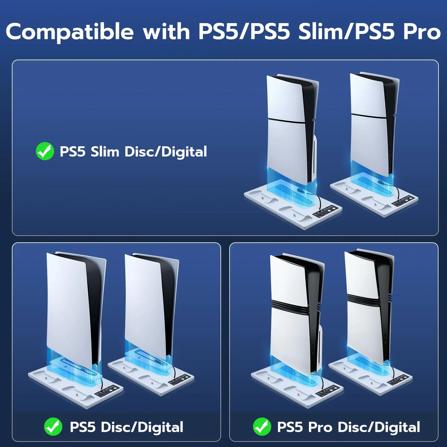 Soporte para PS5 / Slim/Pro, Ventilador de Refrigeración de 3 Velocidades, Cargador de Controlador para PS5 con Indicador RGB, Estación de Carga PS5 Slim Digital/Disc Edition con 2 USB