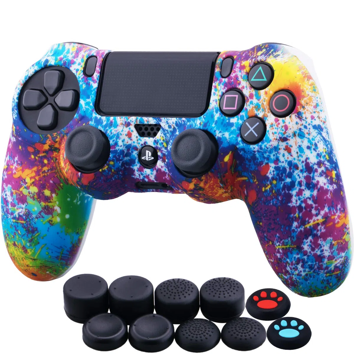 YoRHa Transferencia Agua Impresión Silicona Fundas Protectores Cubierta para PS4/Slim/Pro Dualshock 4 Mando x 1 (Salpicaduras de Pintura) con Thumb Gripsx 10