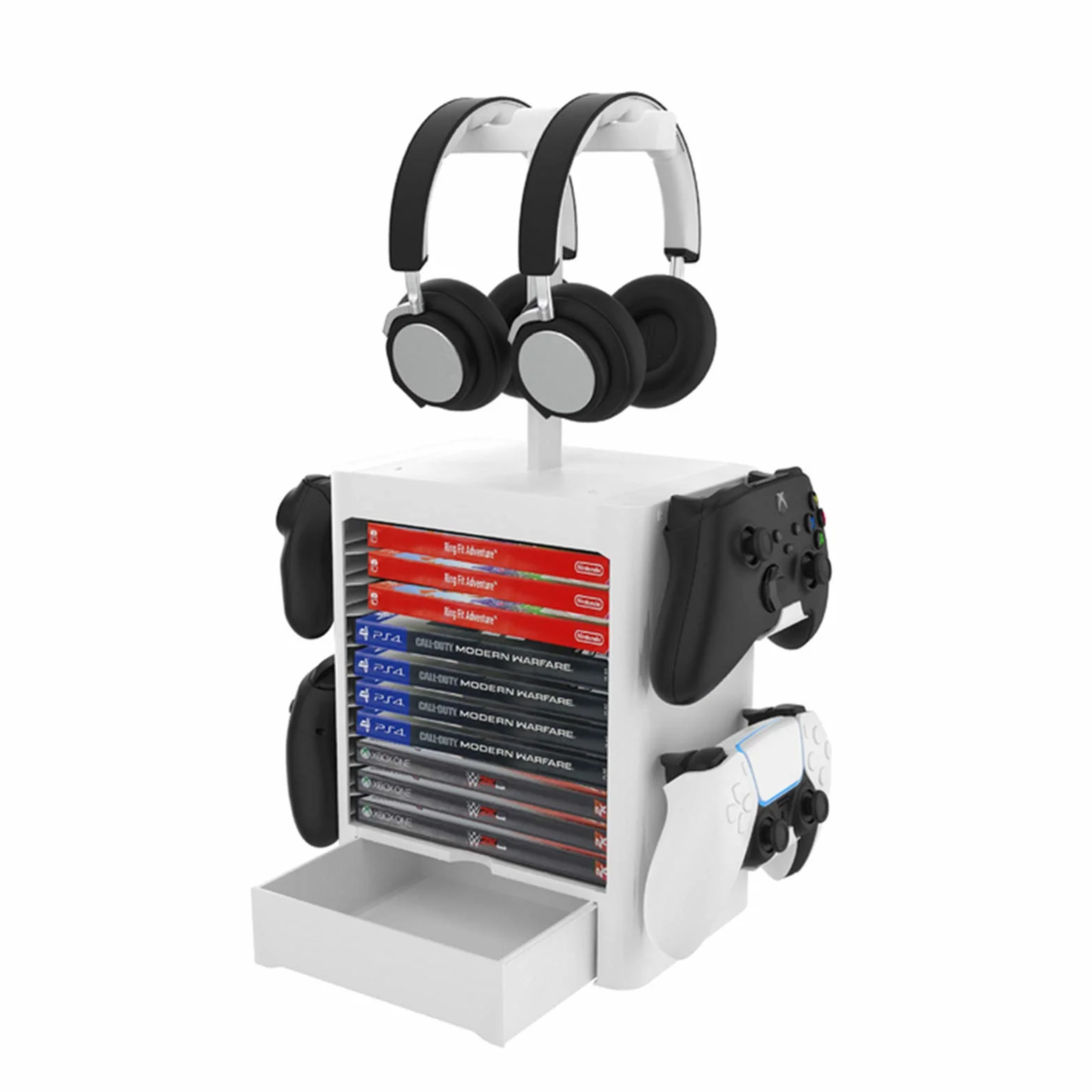 Soporte Multifuncional de Almacenamiento de Juegos, Rack de Almacenamiento en Disco de 10 Juegos con Cajón, Soporte para Controlador Auricular Compatible con PS5 PS4 Xbox Series, Gris Claro