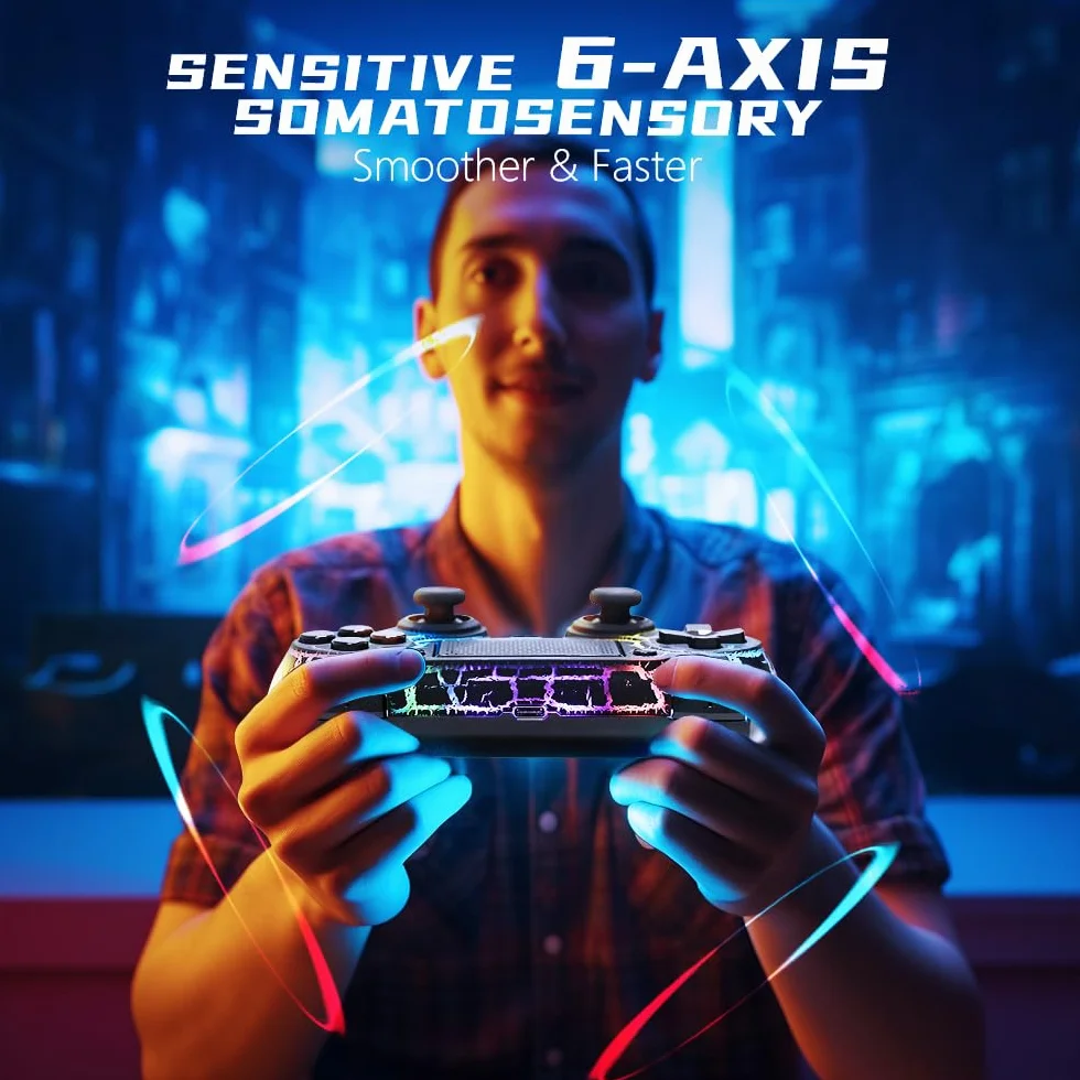 AceGamer OLED Mando Inalámbrico para PS4, Crack Negro Diseño Personalizado con Luz RGB, Batería de 1000mAh, Jack de Audio de 3.5mm y Función Turbo, Compatible con PS4/Slim/Pro y Windows PC