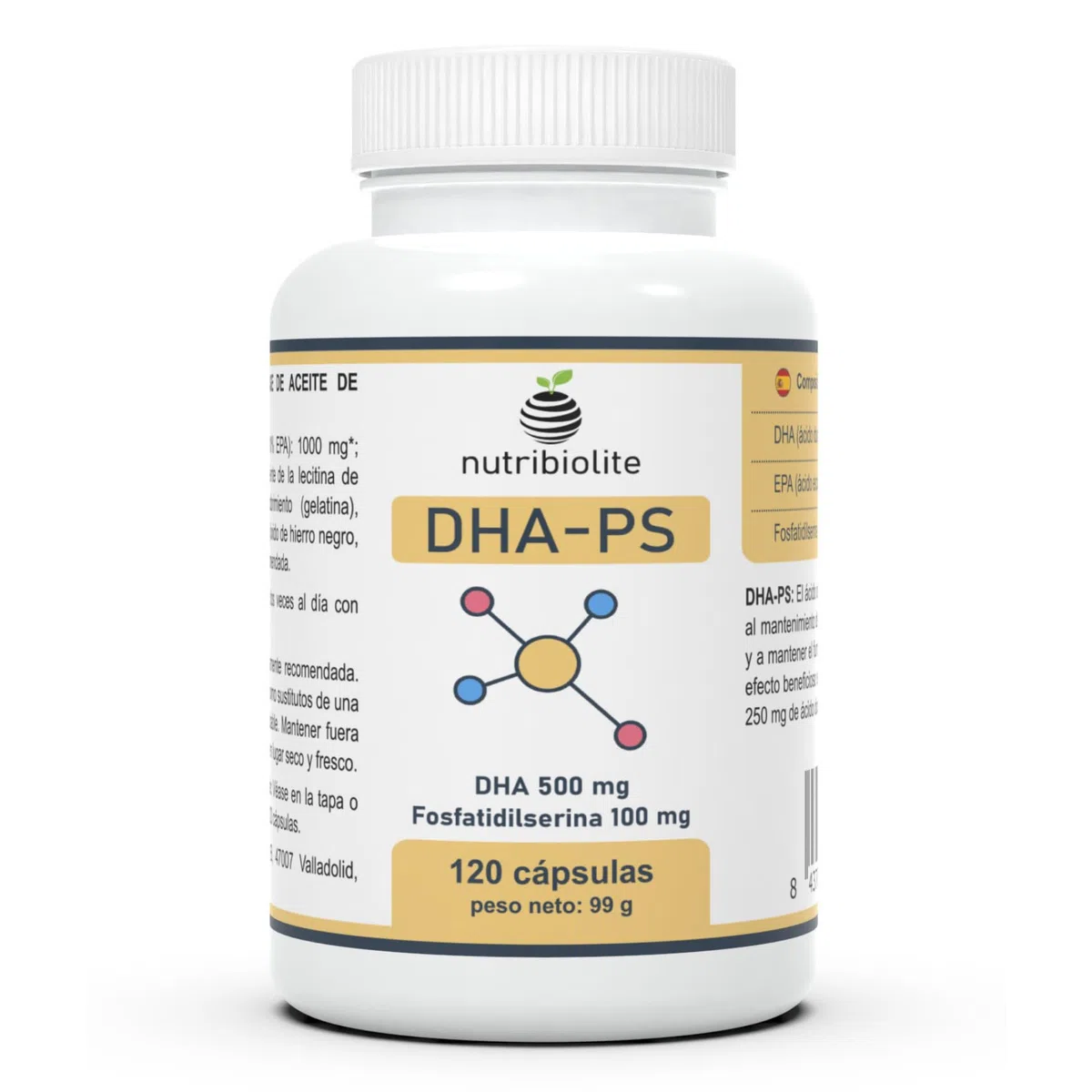 500 mg Omega 3 DHA TG (Triglicéridos) + 100 mg Fosfatidilserina Sin Soja - Memoria y Concentración - Embarazo y Lactancia - Alta absorción - 120 Mini-Perlas | DHA-PS Nutribiolite