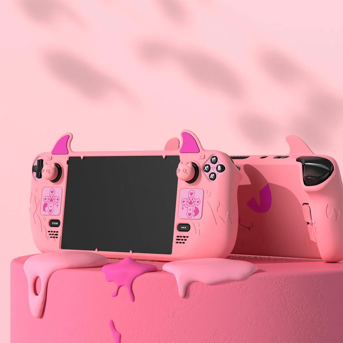 PlayVital Funda de Silicona para Steam Deck LCD & OLED - Protector Antideslizante con Tapas de Joystick & Pegatinas para Trackpad & Mejora de Botones Traseros Set, Diseño Cute Demon (Rosa)