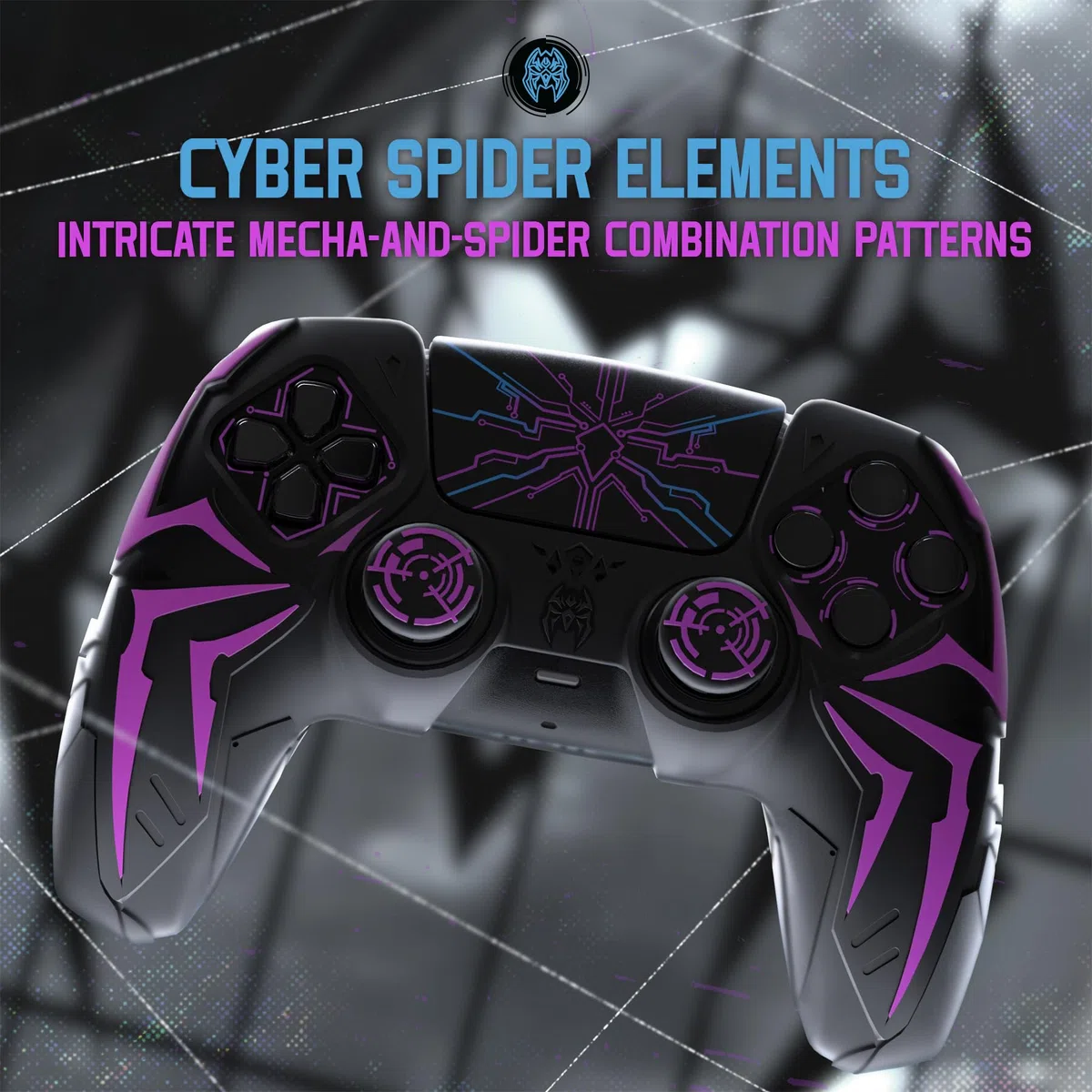 PlayVital Funda de Silicona para ps5 Mando - Diseño Cyber Spider, Antideslizante y Antigolpes, Incluye 2 Agarre de Pulgar y 6 Stickers, Compatible con ps5 Estación de Carga Oficial (Negro & Violeta)