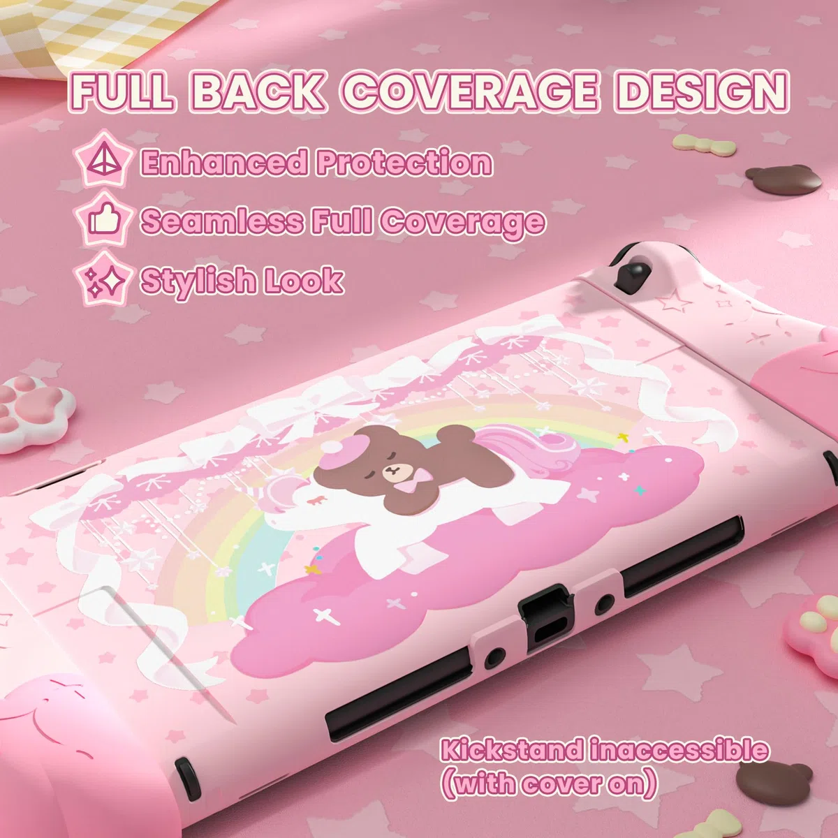 PlayVital Funda Protectora para Nintendo Switch 2 (2025) - Agarre de Silicona con Carcasa Trasera de PC, Protector con Soporte Plegable y Tapas para Joysticks, Diseño de Oso Lindo