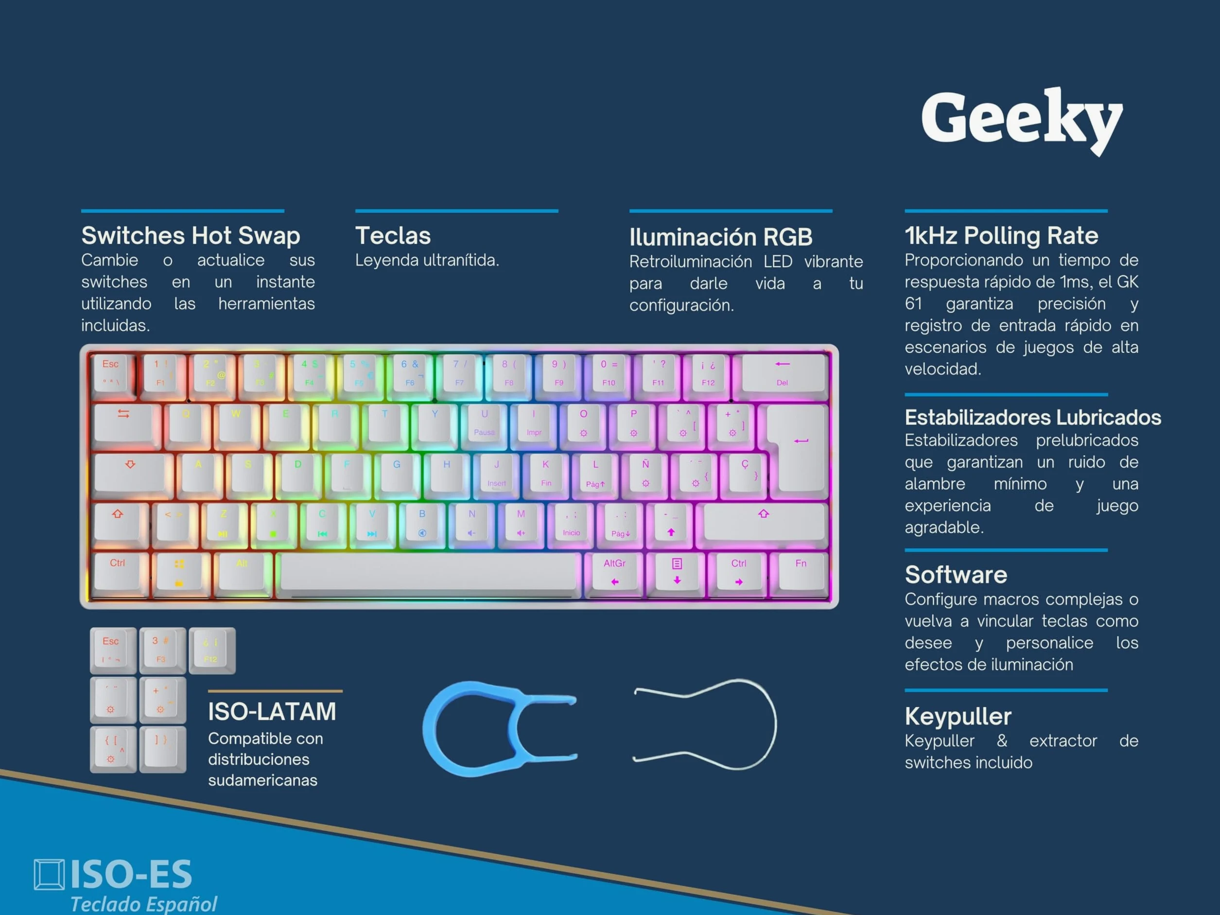 Geeky GK61 60% | Hot Swappable Teclado Mecánico de Juego | 62 Teclas Multicolor RGB LED Retroiluminado para Gaming PC/Mac | ISO ES Teclado Español + LATAM (Blanco, Mechanical Speed Silver)