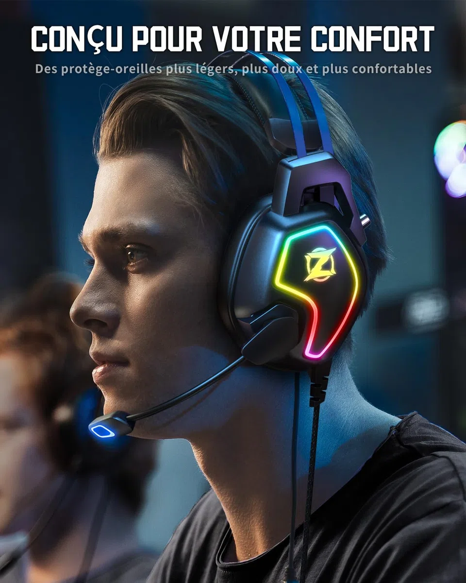 Ozeino - Auriculares de Juego para Ps5 Ps4 PC Xbox Switch, Auriculares de reducción de Ruido con micrófono, luz RGB, Diadema con suspensión automática y Auriculares Jack de 3,5 mm