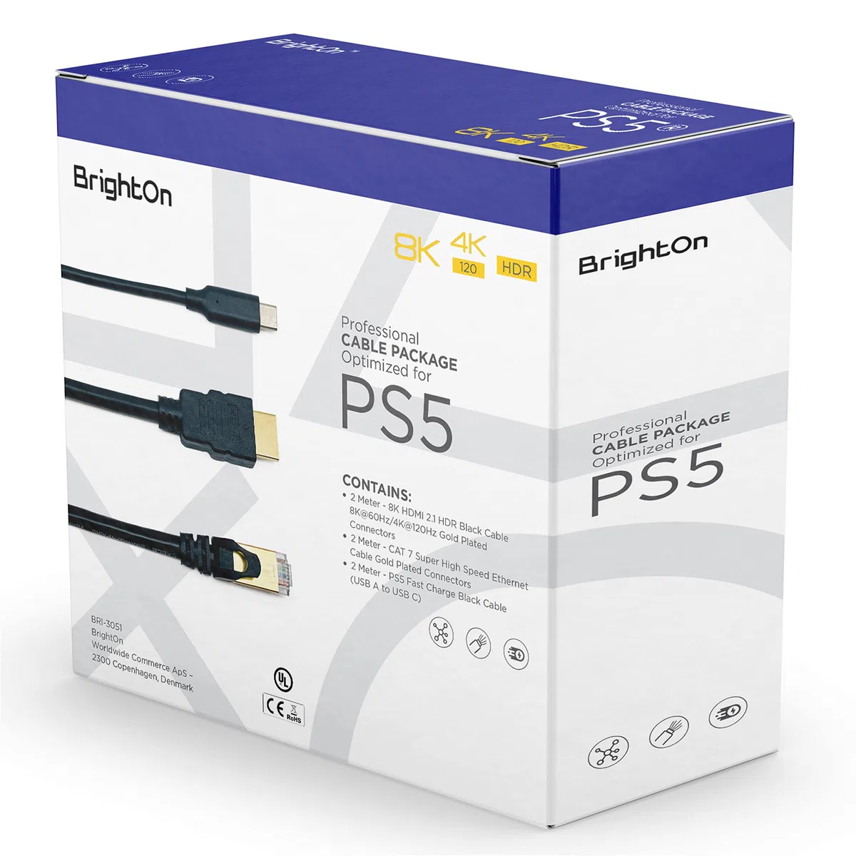 BrightOn Paquete Compatible Con PS5 | Cable Negro 8K HDMI 2.1 HDR 8K @60Hz/4K @120Hz | Ethernet CAT 7 de Súper Alta Velocidad | Carga Rápida USB A a USB C