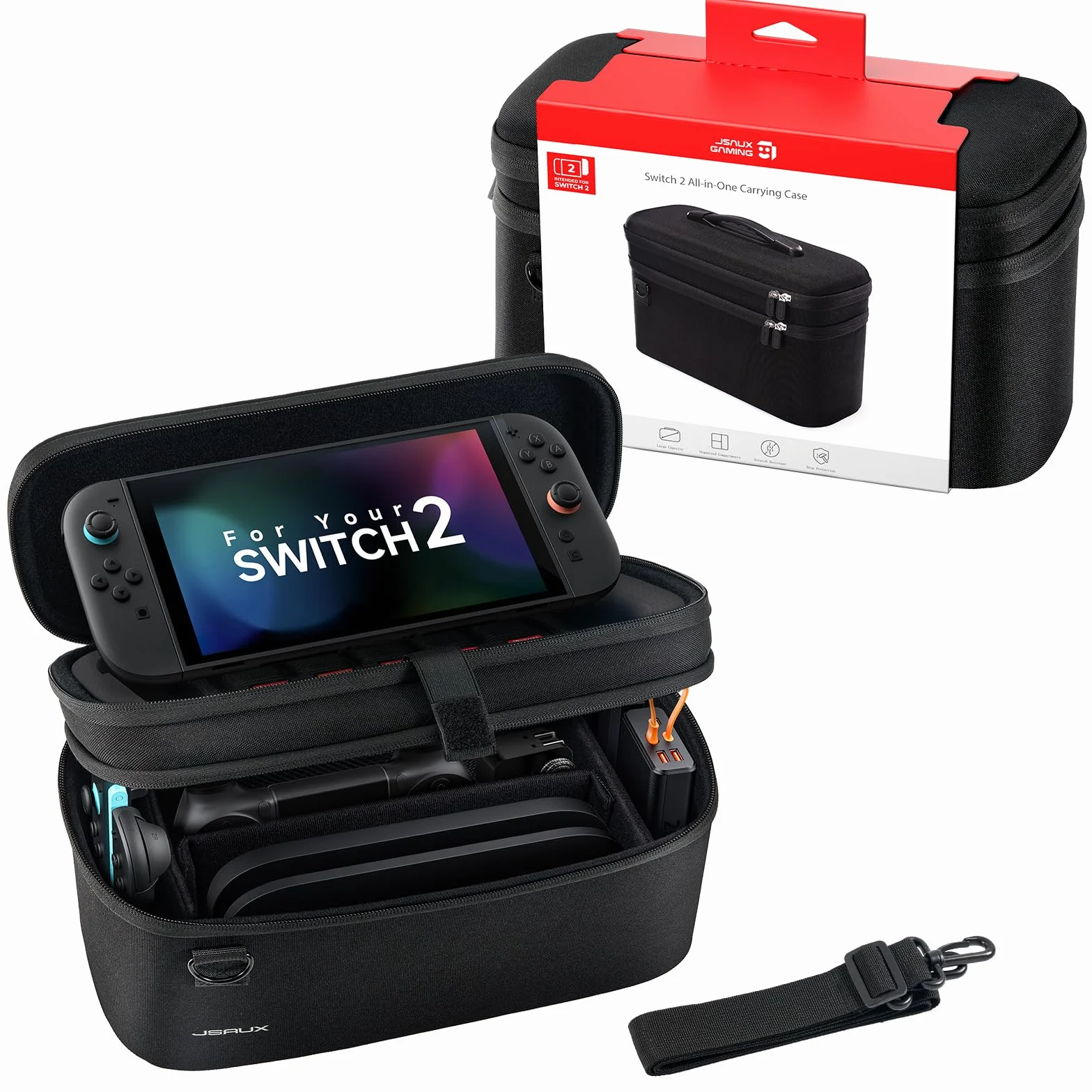 JSAUX Funda Todo-en-Uno para Nintendo Switch 2, Bolsa de Viaje para Dock, Mando Pro y Accesorios, Compatible con Consola con Funda, Gran Capacidad – Negro