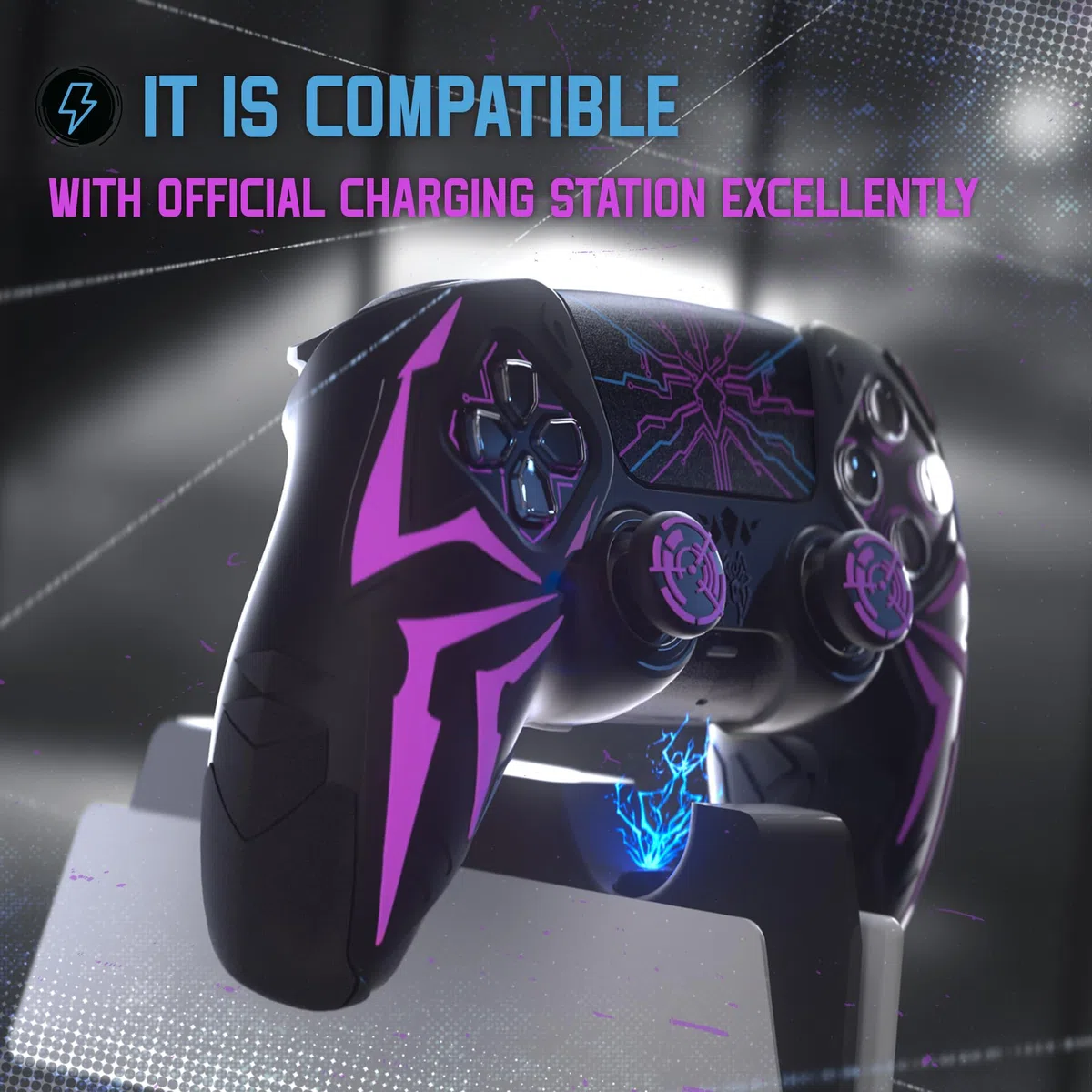 PlayVital Funda de Silicona para ps5 Mando - Diseño Cyber Spider, Antideslizante y Antigolpes, Incluye 2 Agarre de Pulgar y 6 Stickers, Compatible con ps5 Estación de Carga Oficial (Negro & Violeta)