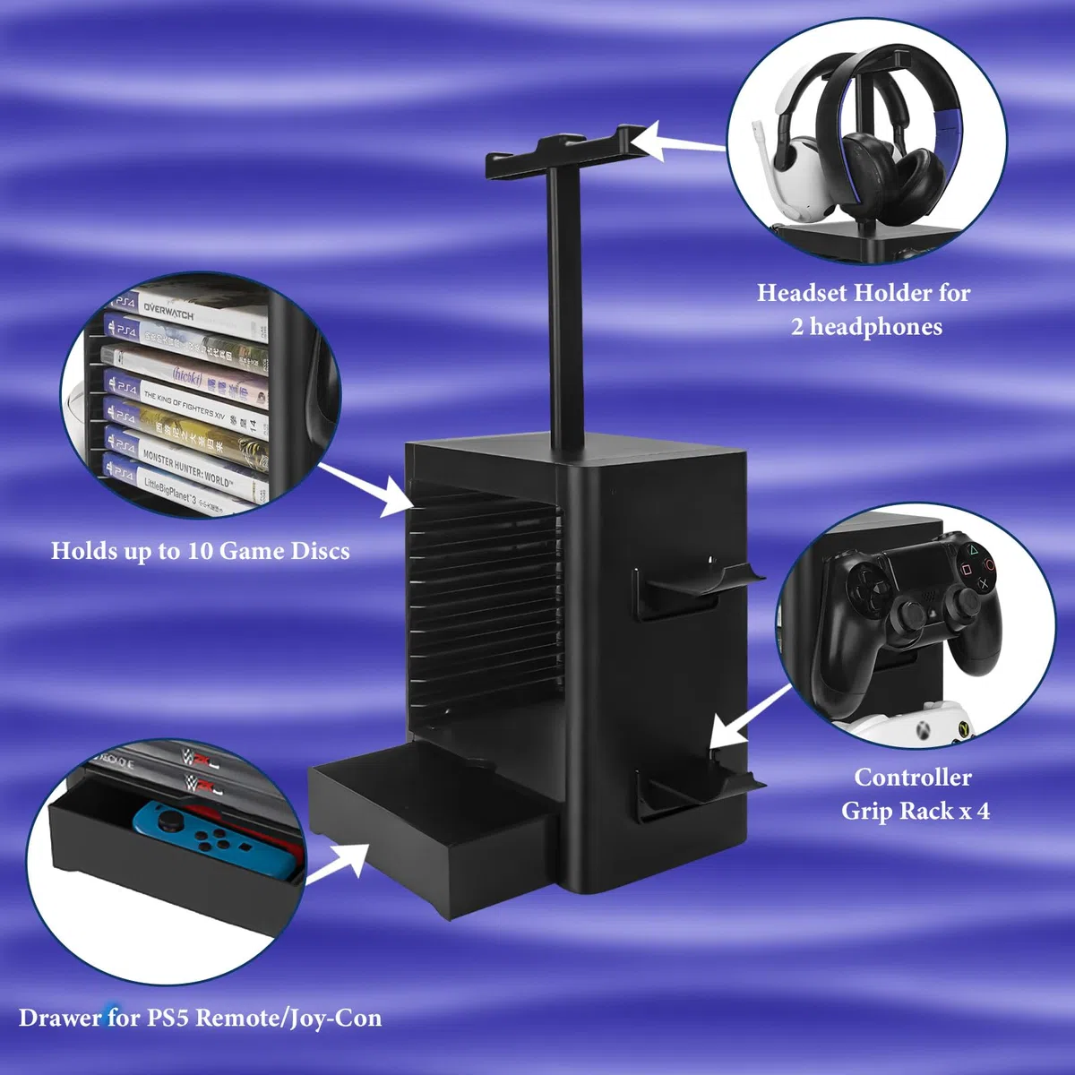 GEEKRIA Soporte de Almacenamiento multifunción para Juegos Compatible con PS5/PS4/XBOX Series X/Xbox One/Nintendo Switch, Estante para Discos de Juegos y Soporte para Controlador/Auriculares (Negro)