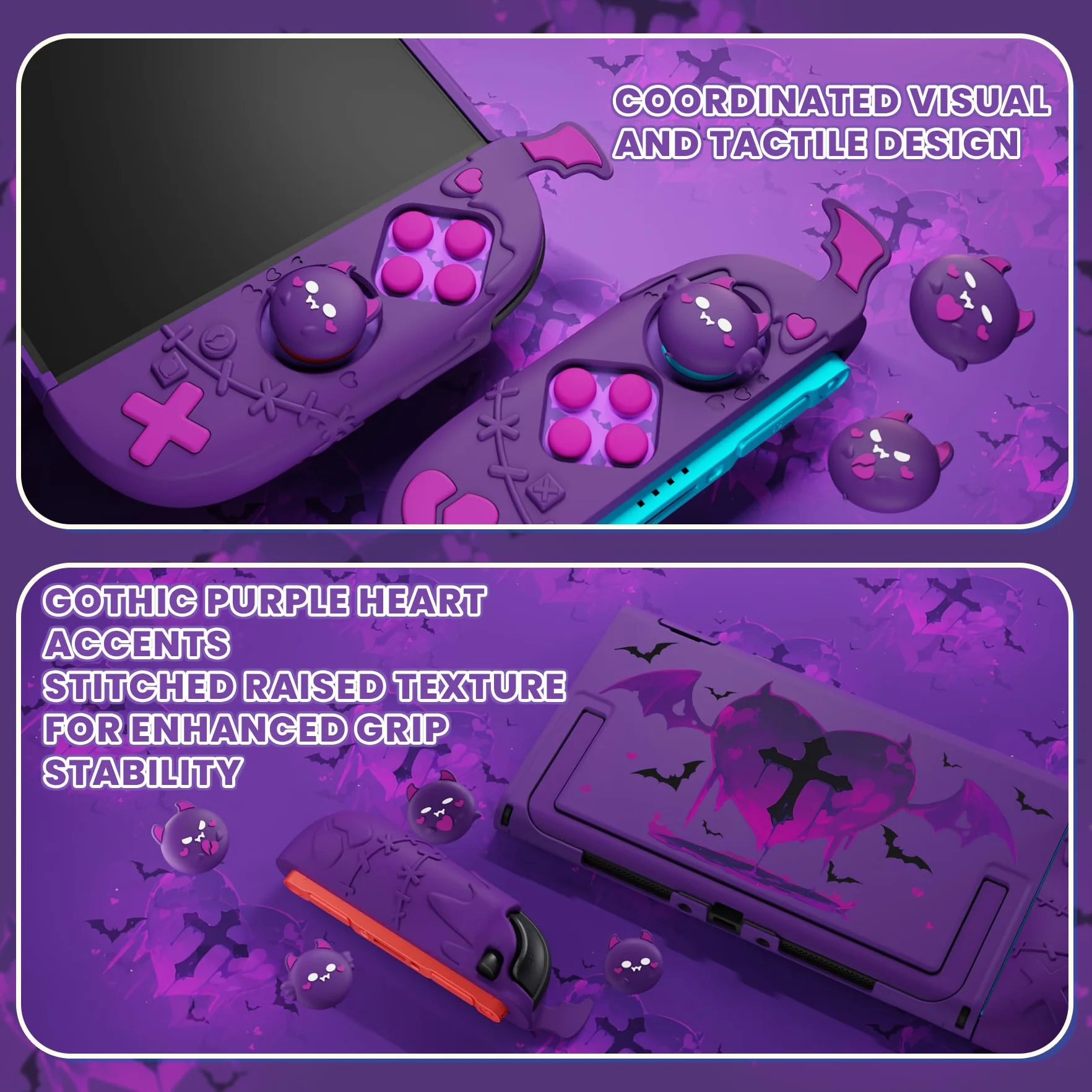 PlayVital Funda Protectora para Nintendo Switch 2, Agarre de Silicona Antideslizante & Carcasa Rígida Compatible con Dock, con Tapas para Joystick y Pegatina - Diseño Gótico (Violeta)