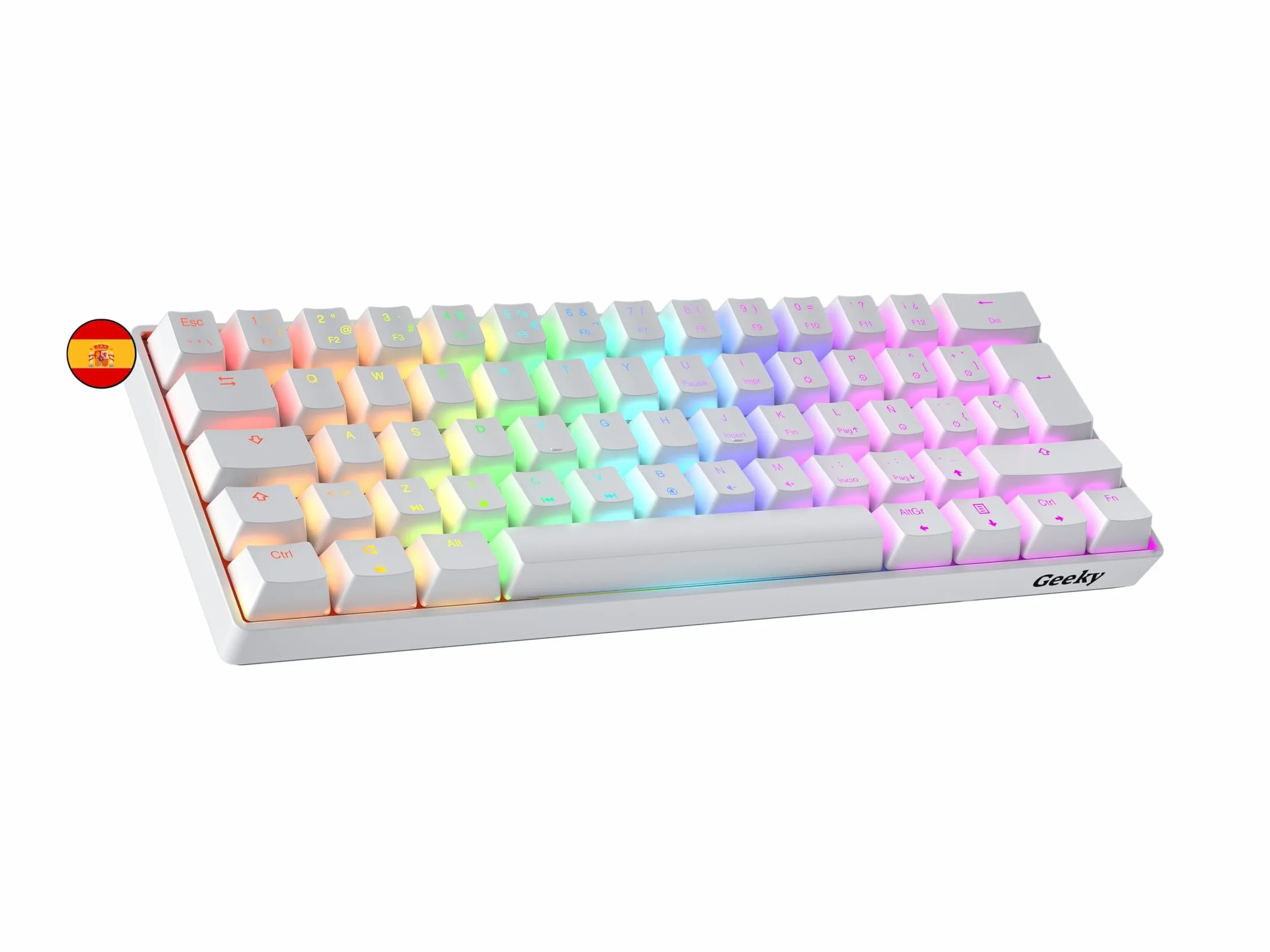 Geeky GK61 60% | Hot Swappable Teclado Mecánico de Juego | 62 Teclas Multicolor RGB LED Retroiluminado para Gaming PC/Mac | ISO ES Teclado Español + LATAM (Blanco, Mechanical Speed Silver)