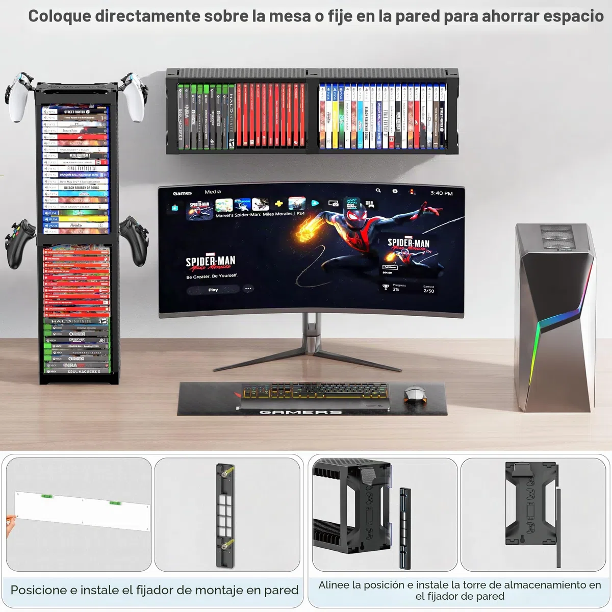 Torre de Almacenamiento de Videojuegos con Soporte para Mando, Soporte Juego para NS 2/PS5/PS4/Xbox, Organizador de Videojuegos para 40 Discos, Vertical & Horizontal Estantería Discos, Accesorio juego