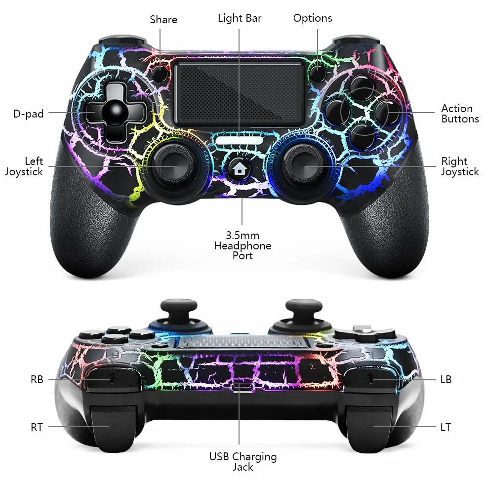 AceGamer OLED Mando Inalámbrico para PS4, Crack Negro Diseño Personalizado con Luz RGB, Batería de 1000mAh, Jack de Audio de 3.5mm y Función Turbo, Compatible con PS4/Slim/Pro y Windows PC