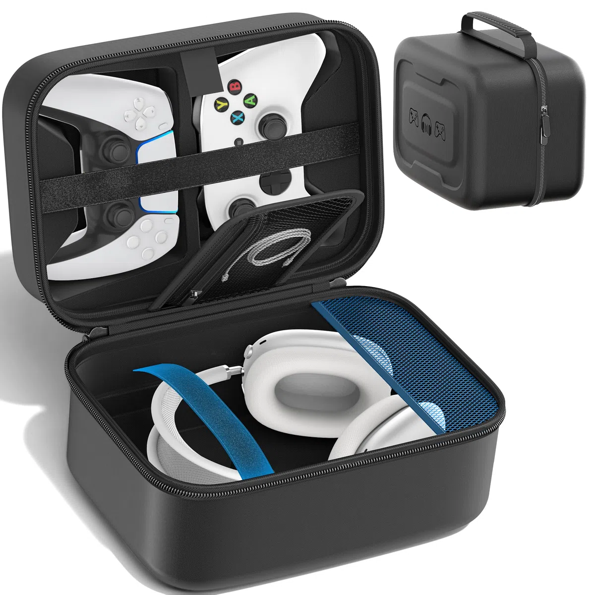 Funda Universal para Auriculares y Mandos, Estuche para Mandos de PS5/Switch/Xbox, Funda Auriculares Diadema de Gran Capacidad, Organizador Portátil para Accesorios Videojuegos con Bolsillo para Cable