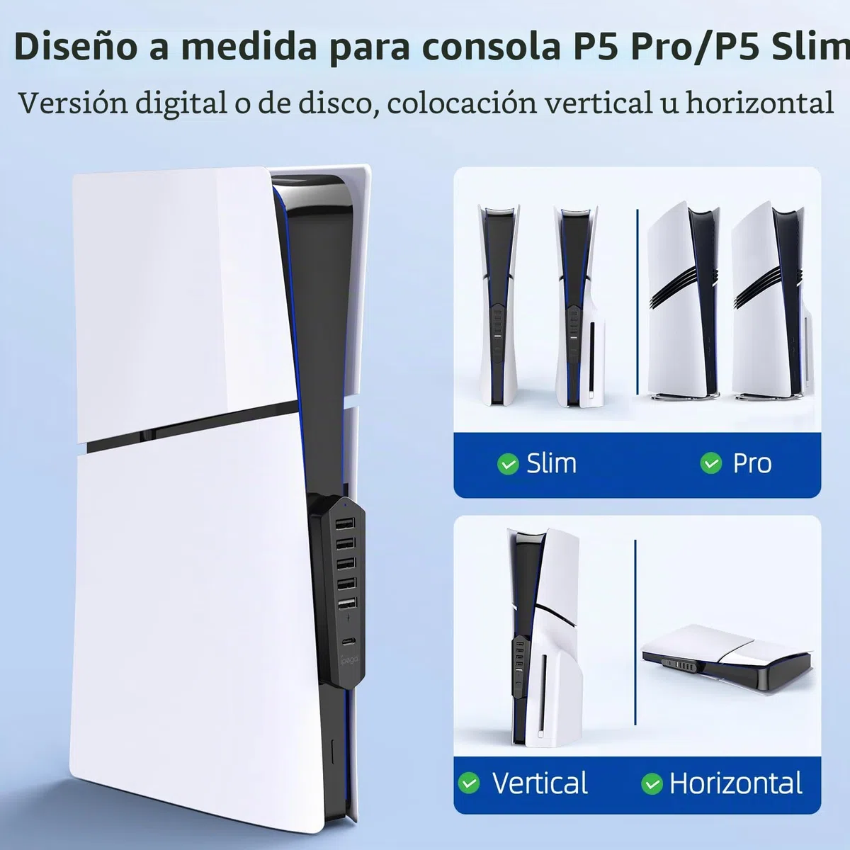 Hub USB 6 en 1 para PS5 Pro/Slim - Extensión de puerto USB de alta velocidad con 1 tipo C 3.0, 4 USB-A 2.0 y 1 puerto de carga, adaptador para consola de disco y digital
