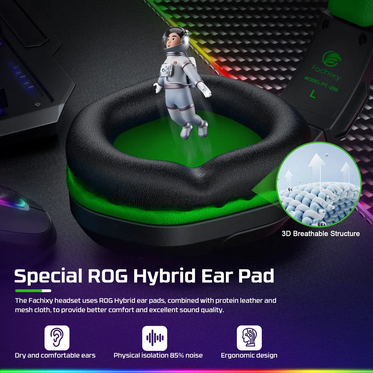 Fachixy FC-200 Cascos Gaming para PS4, PS5, PC, Xbox, Nintendo Switch, Auriculares Gaming para PS5 con micrófono ENC, para Juegos de 3,5 mm con luz RGB (RGB Negro Verde)