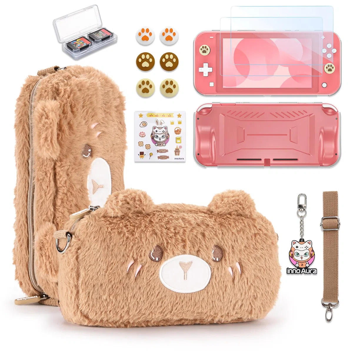 Funda innoAura Switch Lite, paquete de accesorios 14 en 1 con una bonita funda de transporte, protector de pantalla, funda para el juego y tapas para los pulgares (Oso marrón)