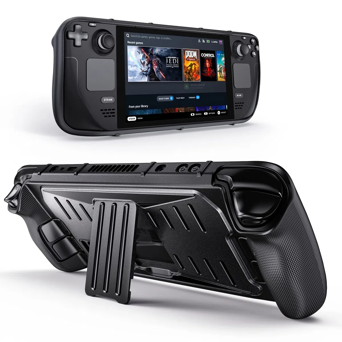 Benazcap Funda para Steam Deck OLED 2023/Steam Deck 2021, Funda Dura Resistente a los Impactos con Soporte Incorporado, Compatible con la Consola Valve Steam Deck, Negra