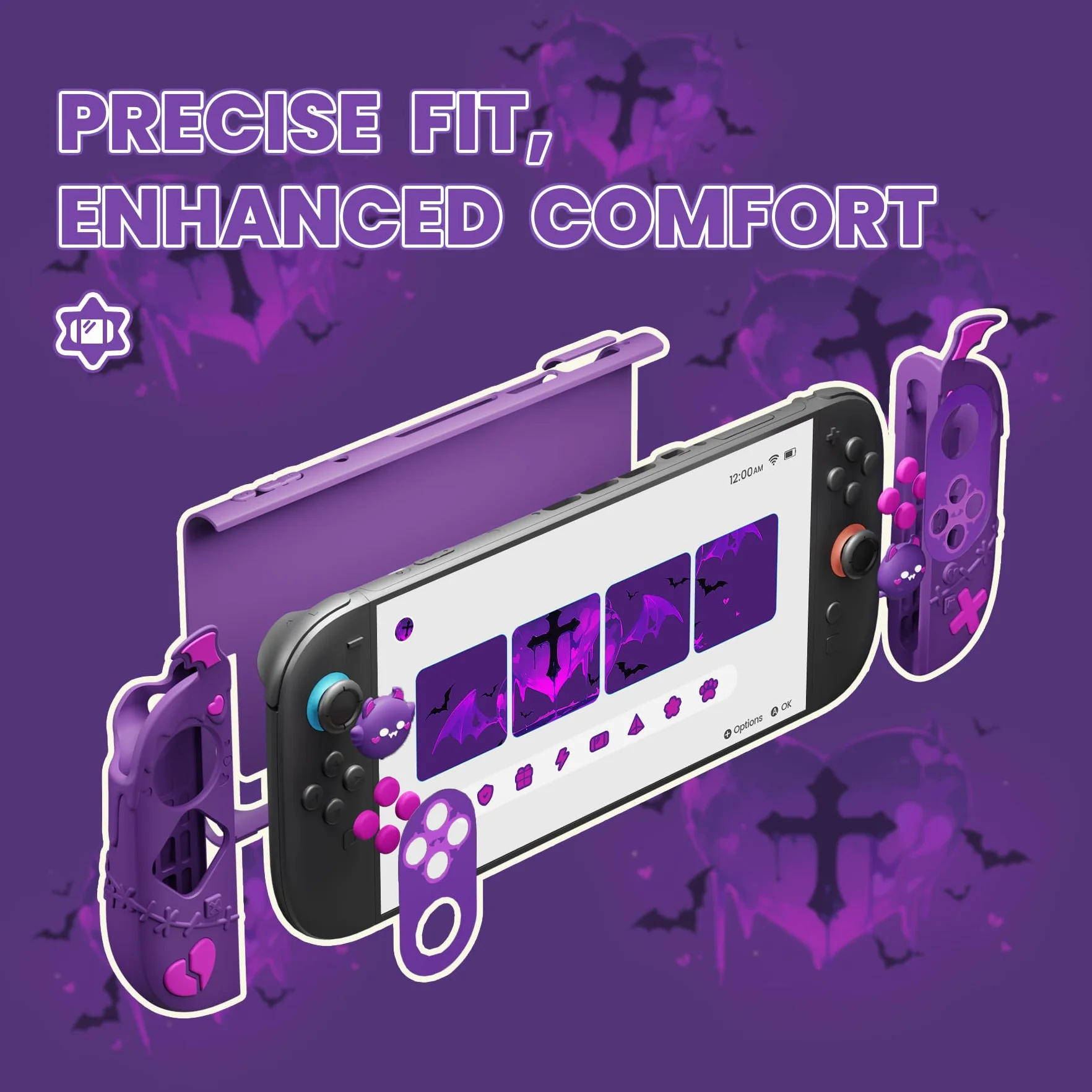 PlayVital Funda Protectora para Nintendo Switch 2, Agarre de Silicona Antideslizante & Carcasa Rígida Compatible con Dock, con Tapas para Joystick y Pegatina - Diseño Gótico (Violeta)