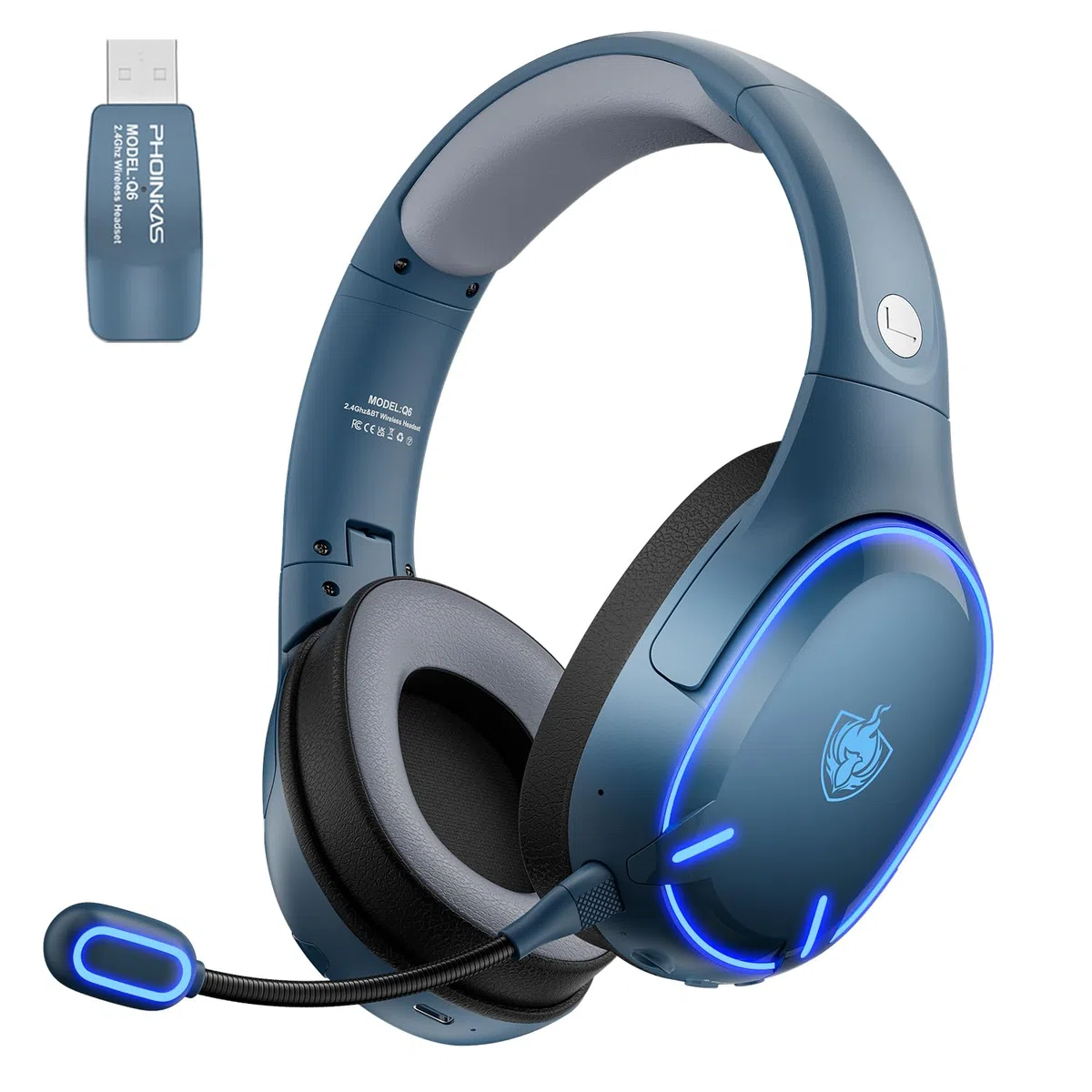 PHOINIKAS Cascos Gaming Inalámbricos para PC/PS5/PS4, Auriculares Gaming Inalámbricos de 2,4GHz USB Wireless+Bluetooth 5.3, Baja Latencia Calidad de Sonido 7.1 sin Pérdidas, 30+ Horas, Luz LED (Azul)