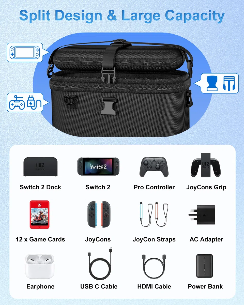 ProCase Funda de Transporte para Nintendo Switch 2 (2025),Estuche Grande Doble Capa,Bolsa Portátil de Viaje con Correa para Hombro,Protección EVA,Almacenamiento de Consola,Juegos y Accesorios– Negro