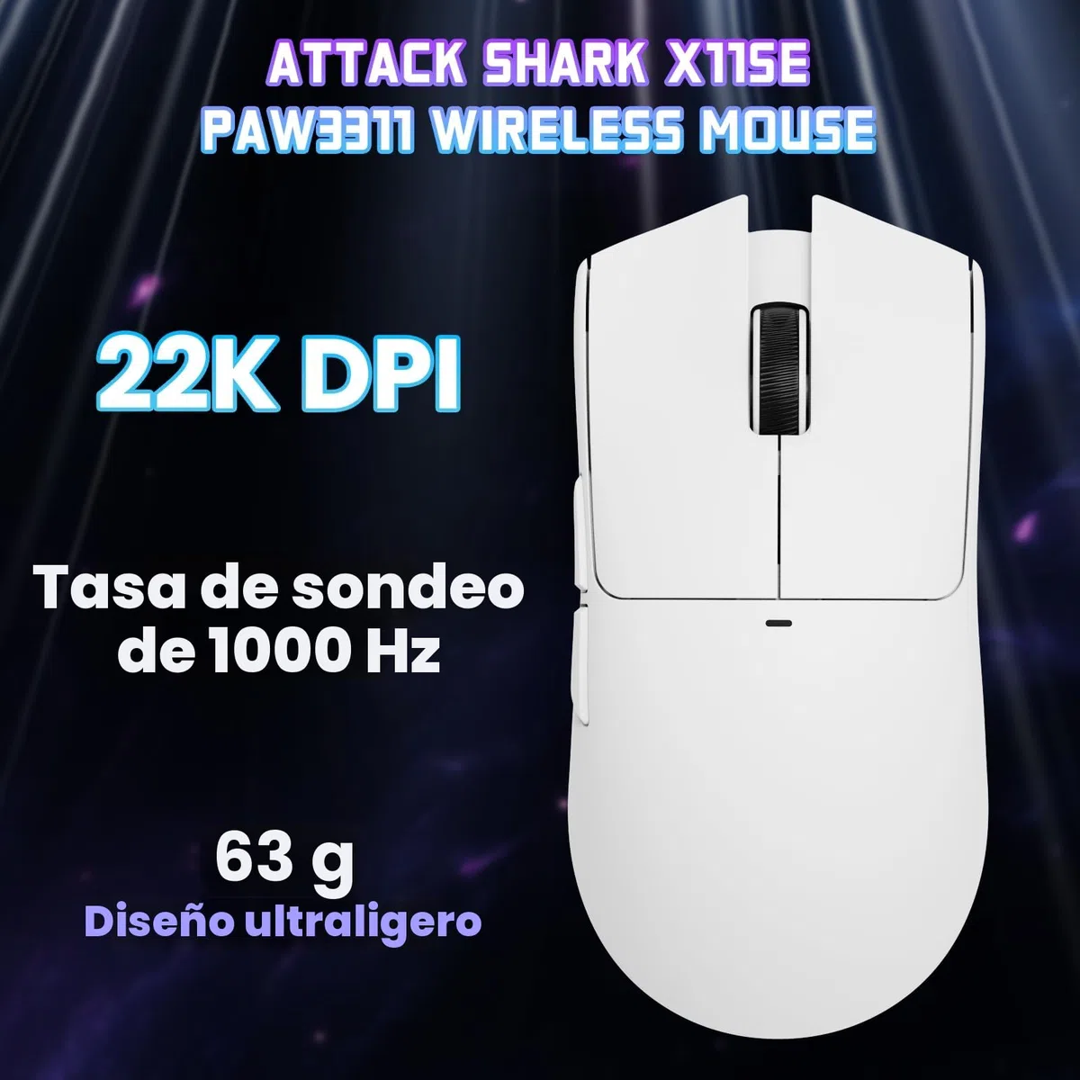 ATTACK SHARK X11SE Ratón Inalámbrico para Juegos, 63g Superligero, con Sensor PixArt PAW3311, 22000DPI, Trimodo Bluetooth/2,4GHz/con Cable, 1000Hz, Batería de 300 mAh, para PC/Mac (Blanco)