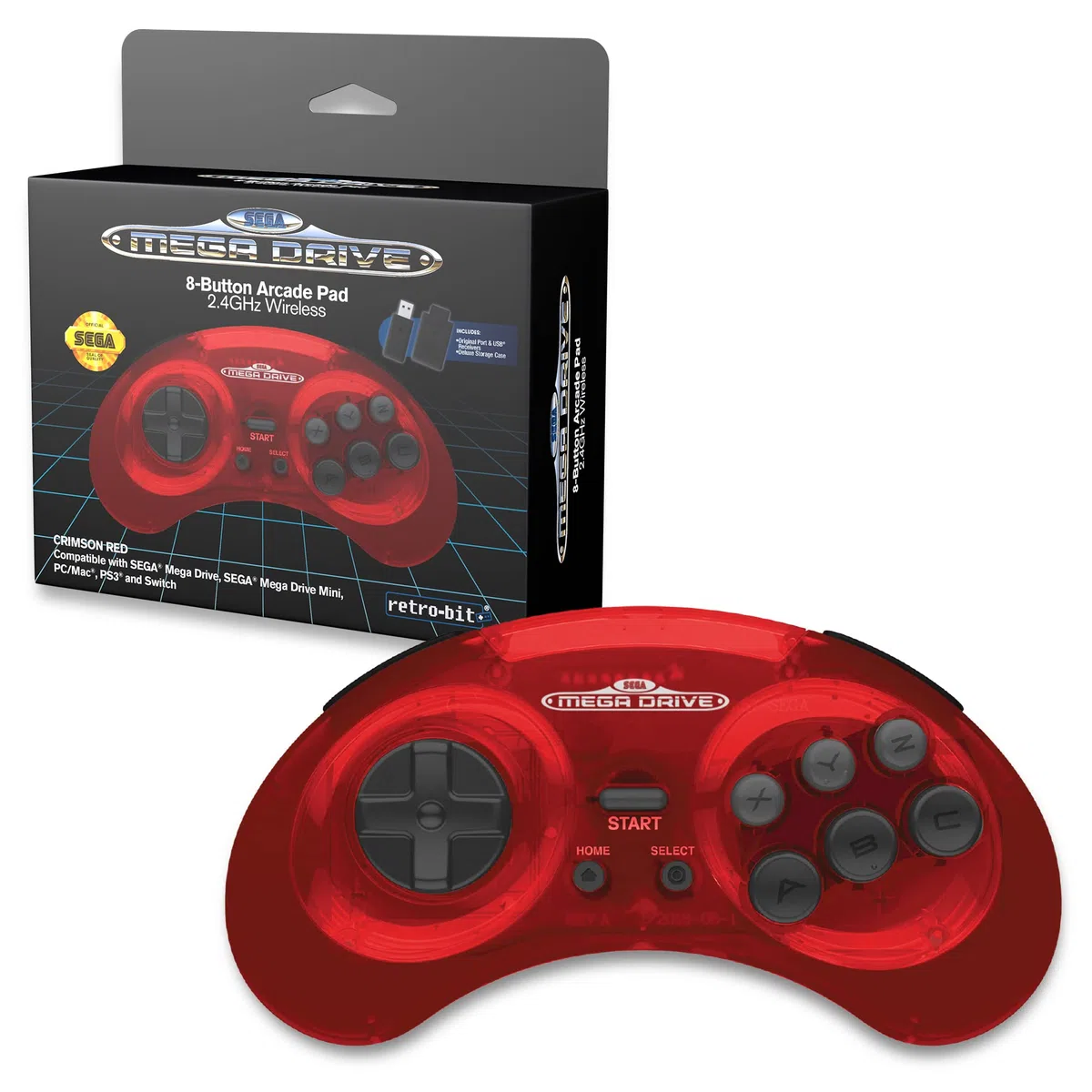 Retro-Bit Sega Mega Drive 2.4 GHz Wireless Controller 8-Button Arcade Pad for Sega Genesis Original/Mini, Switch, PC, Mac – Includes 2 Receivers & Storage Case (Crimson Red) (Nintendo Switch)