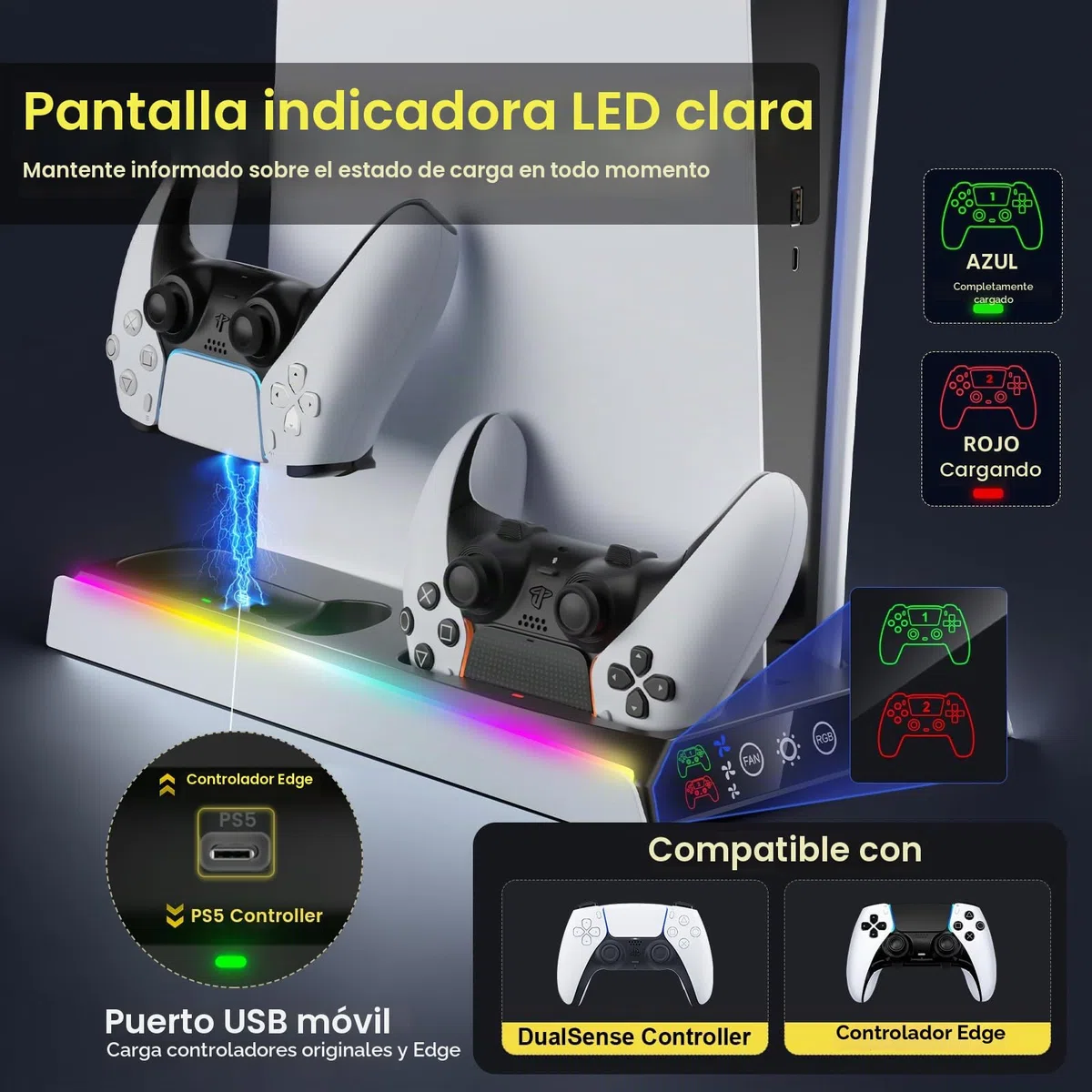 Fenolical Soporte Delgado para PS5/PS5 con Ventilador de Refrigeración Ajustable, Soporte de Cargador de Refrigeración Vertical PS5 para PS5/PS5 Slim, Estación de Refrigeración Delgada Multifuncional