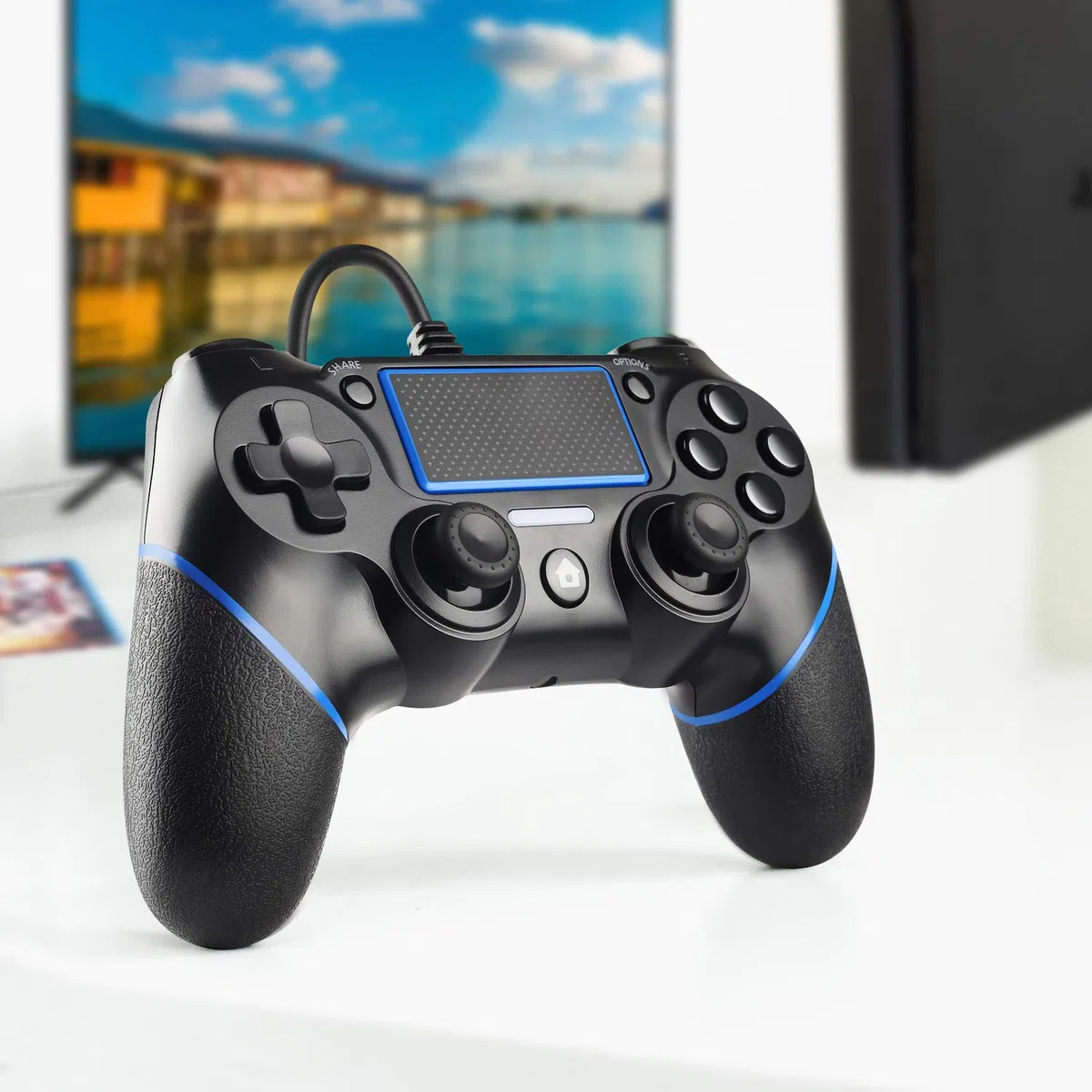 Mando para PS-4, Controlador De Juegos Con Cable para Play-Station4 / Pro/Slim/PC, Gamepad Con Vibración Dual, Agarre Antideslizante y Cable USB De 2,1 m（Negro）