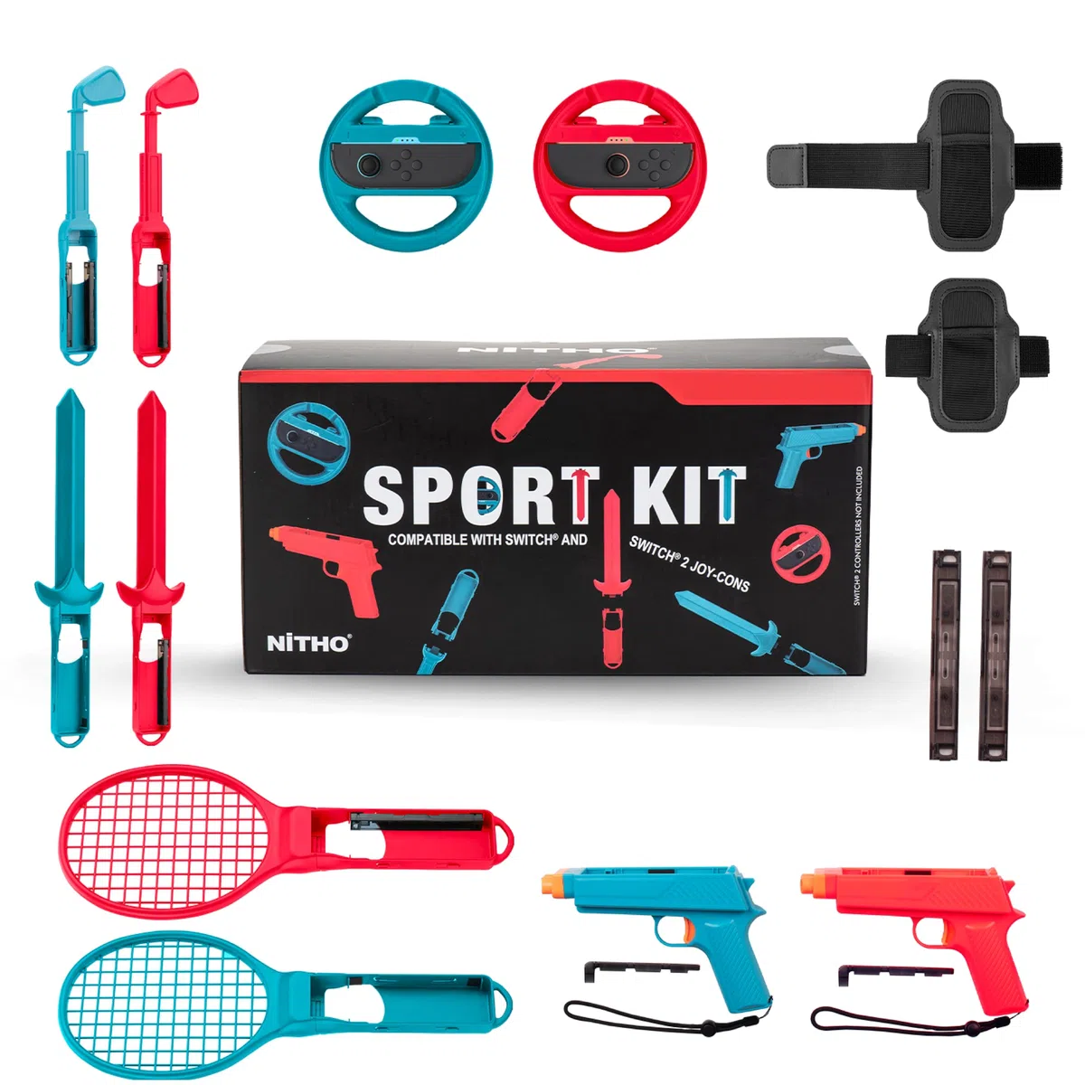 NITHO Set de Accesorios Deportivos Compatible con Switch 2 Mando, Accesorios Motion Control con Volantes, Raquetas de Tenis, Espadas y Pistolas, Compatible con Switch 2 / Switch & OLED