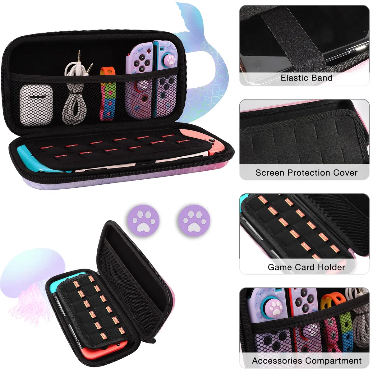 JYPS Sirena Funda para Nintendo Switch, Estuche de Transporte para Accesorios de Consola y Tarjetas de Juego, Rígido Bolsa de Viaje Protectora con asa para Switch para niñas(Morado)